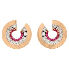 Vintage Ruby and Diamond 18 Carat White & Rose Gold Art Deco Style Swirl Stud Earrings