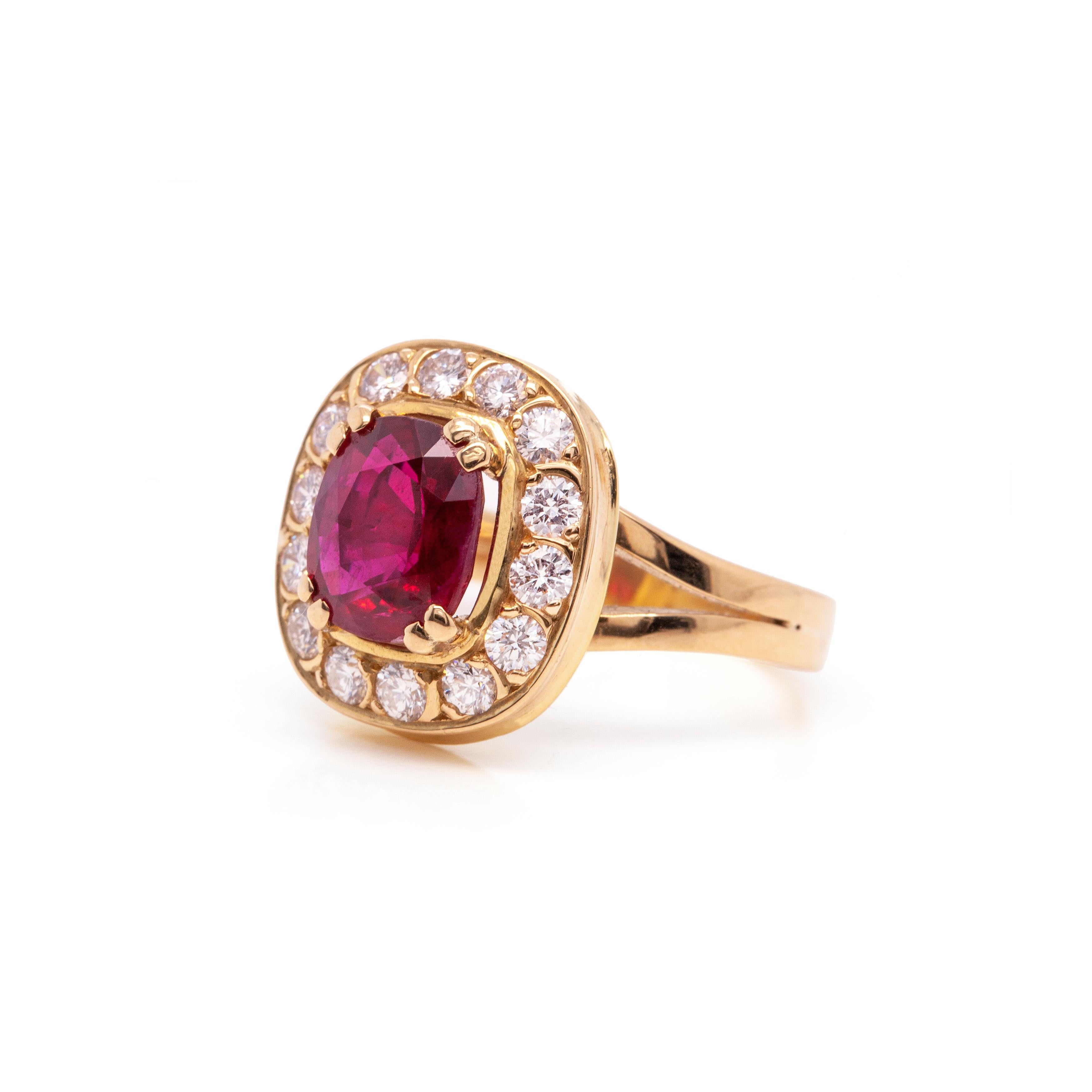 Romantic Ruby and Diamond 18 Carat Yellow Gold Cluster Engagement Ring For Sale