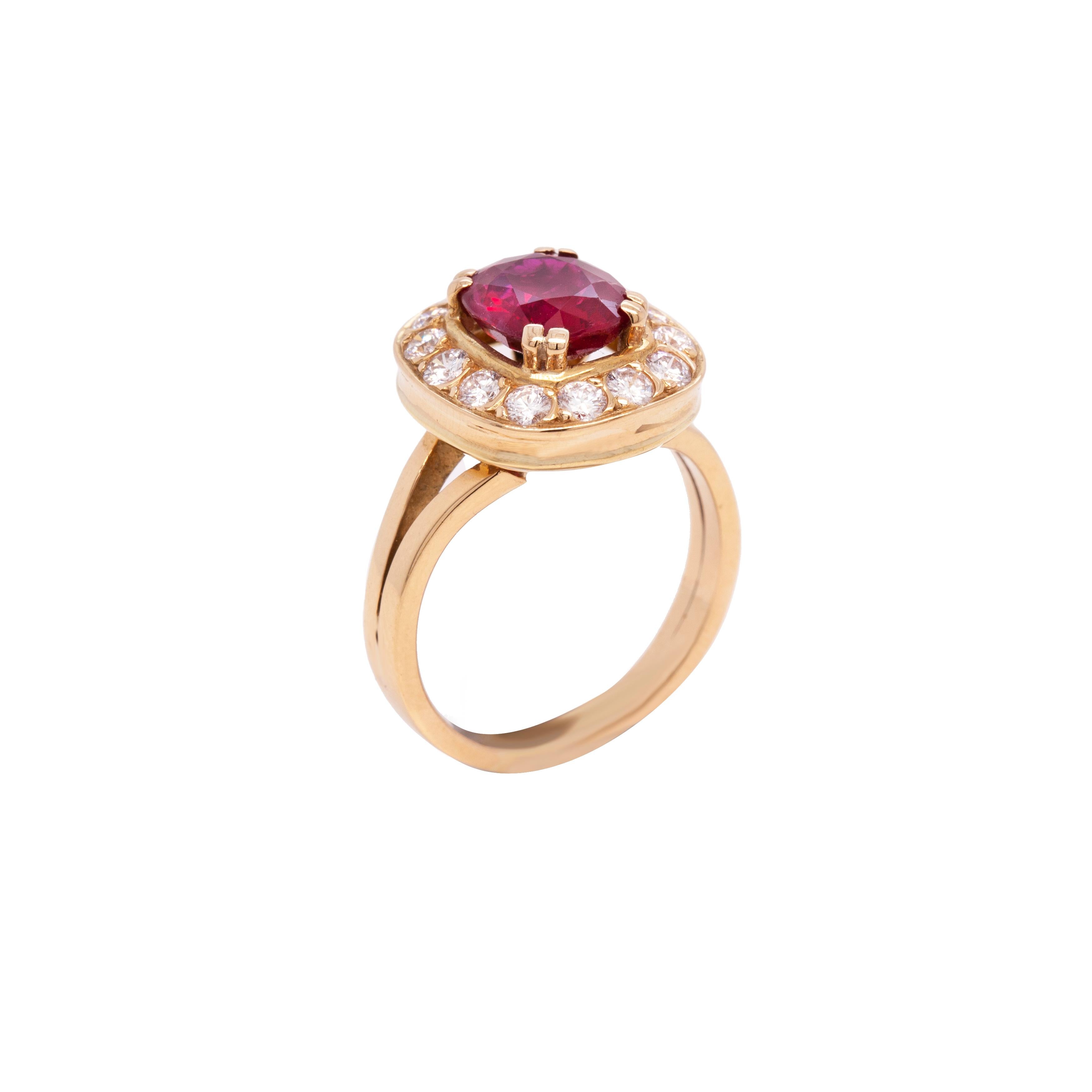 Cushion Cut Ruby and Diamond 18 Carat Yellow Gold Cluster Engagement Ring For Sale