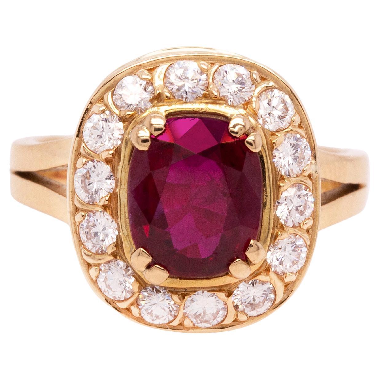 Ruby and Diamond 18 Carat Yellow Gold Cluster Engagement Ring