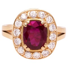 Retro Ruby and Diamond 18 Carat Yellow Gold Cluster Engagement Ring