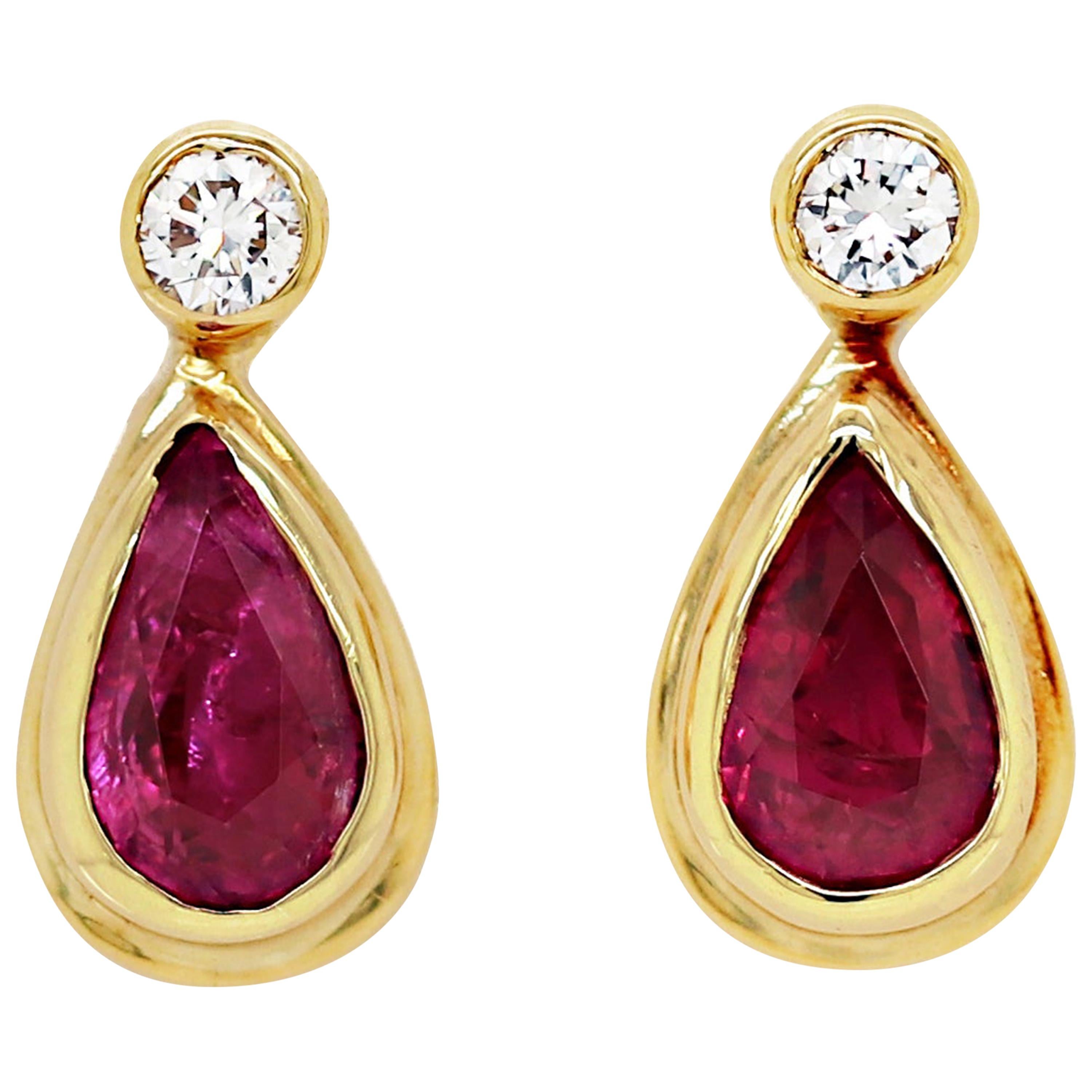 Ruby and Diamond 18 Carat Yellow Gold Drop Earrings For Sale