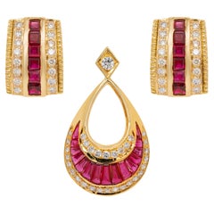 Retro Ruby and Diamond 18 Carat Yellow Gold Earrings and Pendant Set