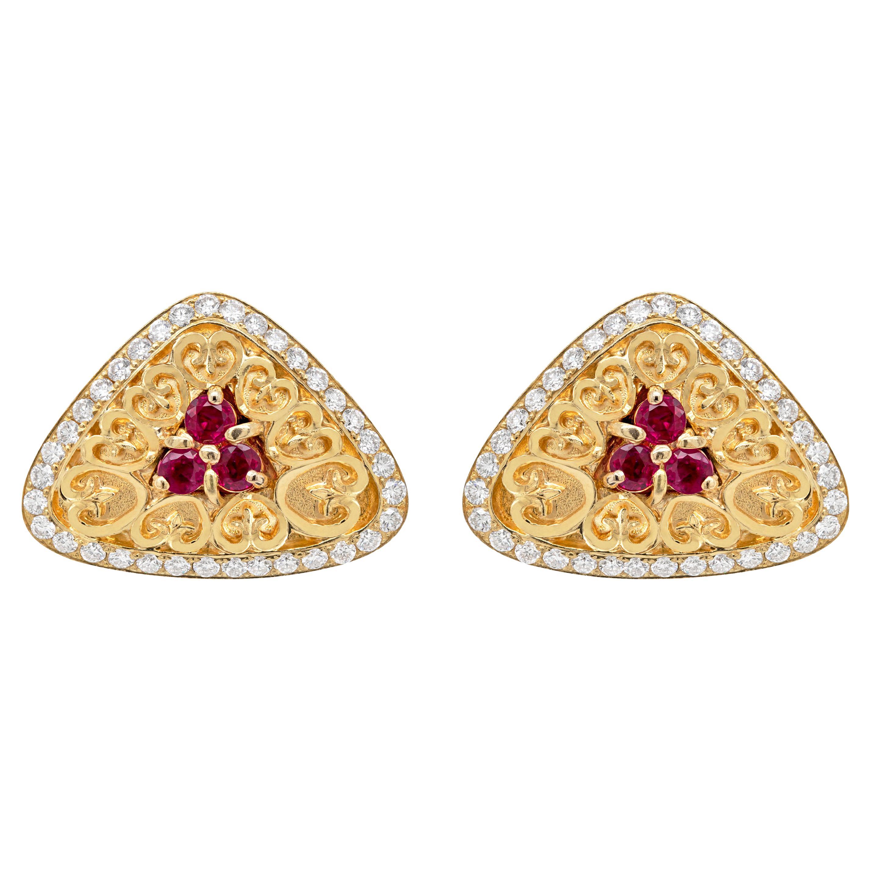 Ruby and Diamond 18 Carat Yellow Gold Triangular Earrings For Sale