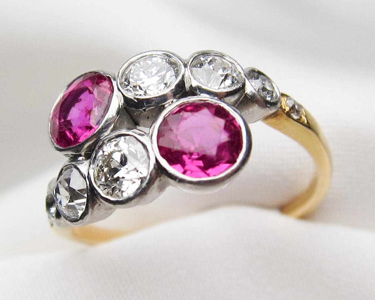 Late Victorian Ruby and Diamond 18 Karat Gold Bypass Ring, circa 1900 For Sale