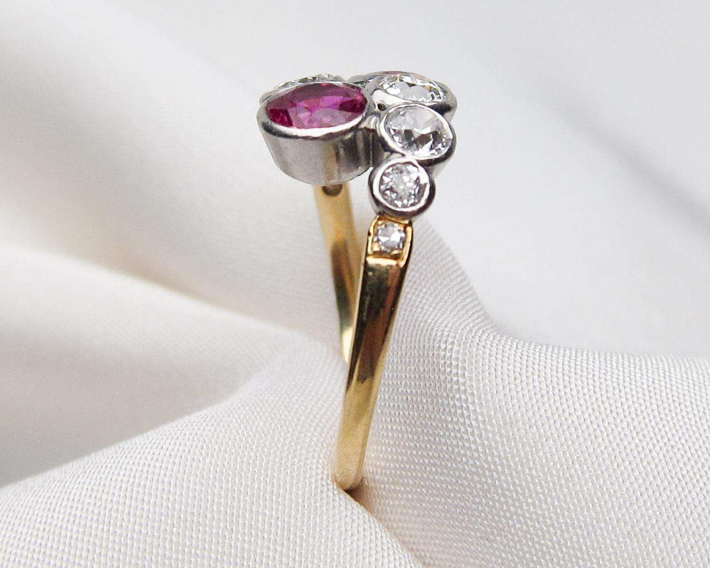 Ruby and Diamond 18 Karat Gold Bypass Ring, circa 1900 In Excellent Condition For Sale In Seattle, WA