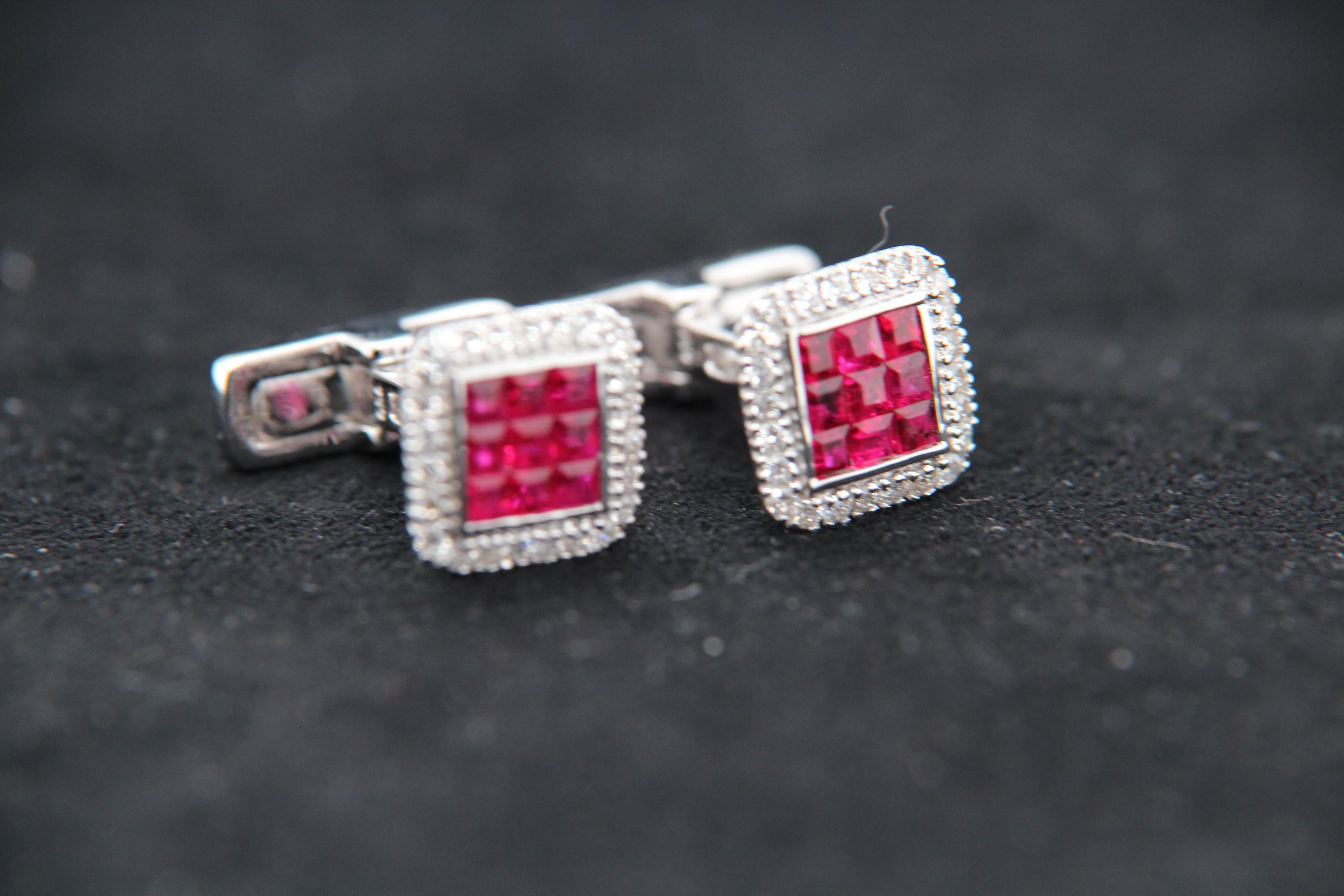 Ruby and Diamond 18 Karat Gold Cufflink In New Condition In Bangkok, TH