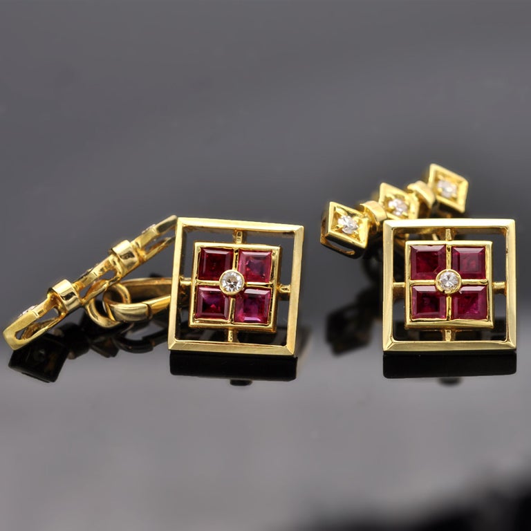Square Cut Ruby and Diamond 18 Karat Gold Cufflinks For Sale