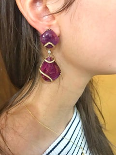Ruby and Diamond 18 Karat Gold Drop Statement Earrings Estate Fine Jewelry