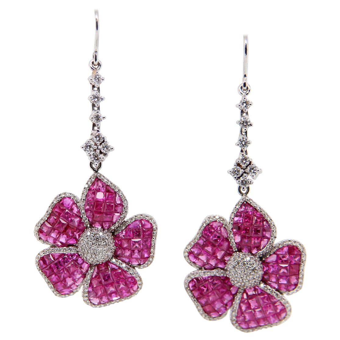 Ruby and Diamond 18 Karat Gold Floral Earring For Sale