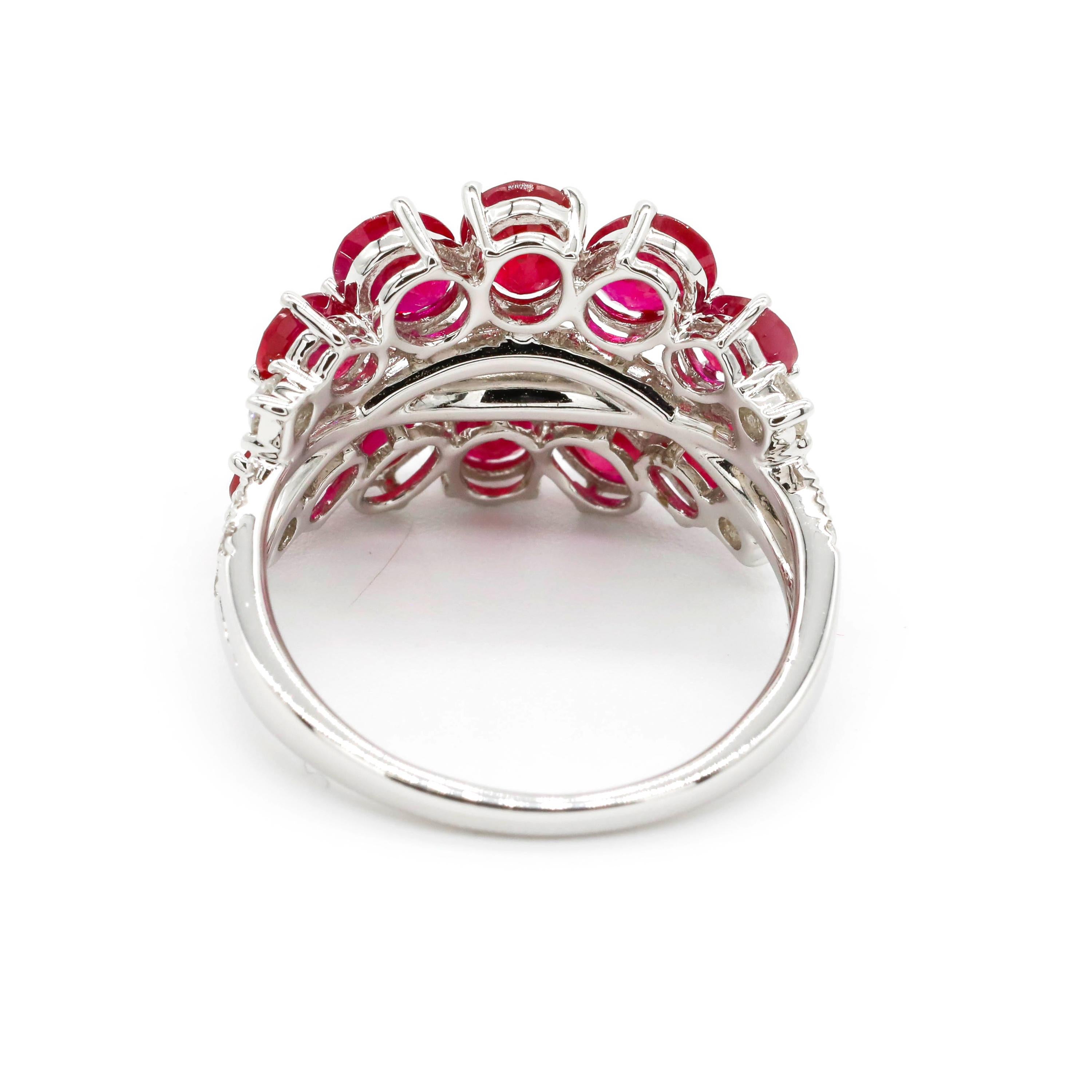 Women's 3.40 Carat Oval Cut Ruby and 0.59 Carat Diamond Pave 18K White Gold Cluster Ring For Sale
