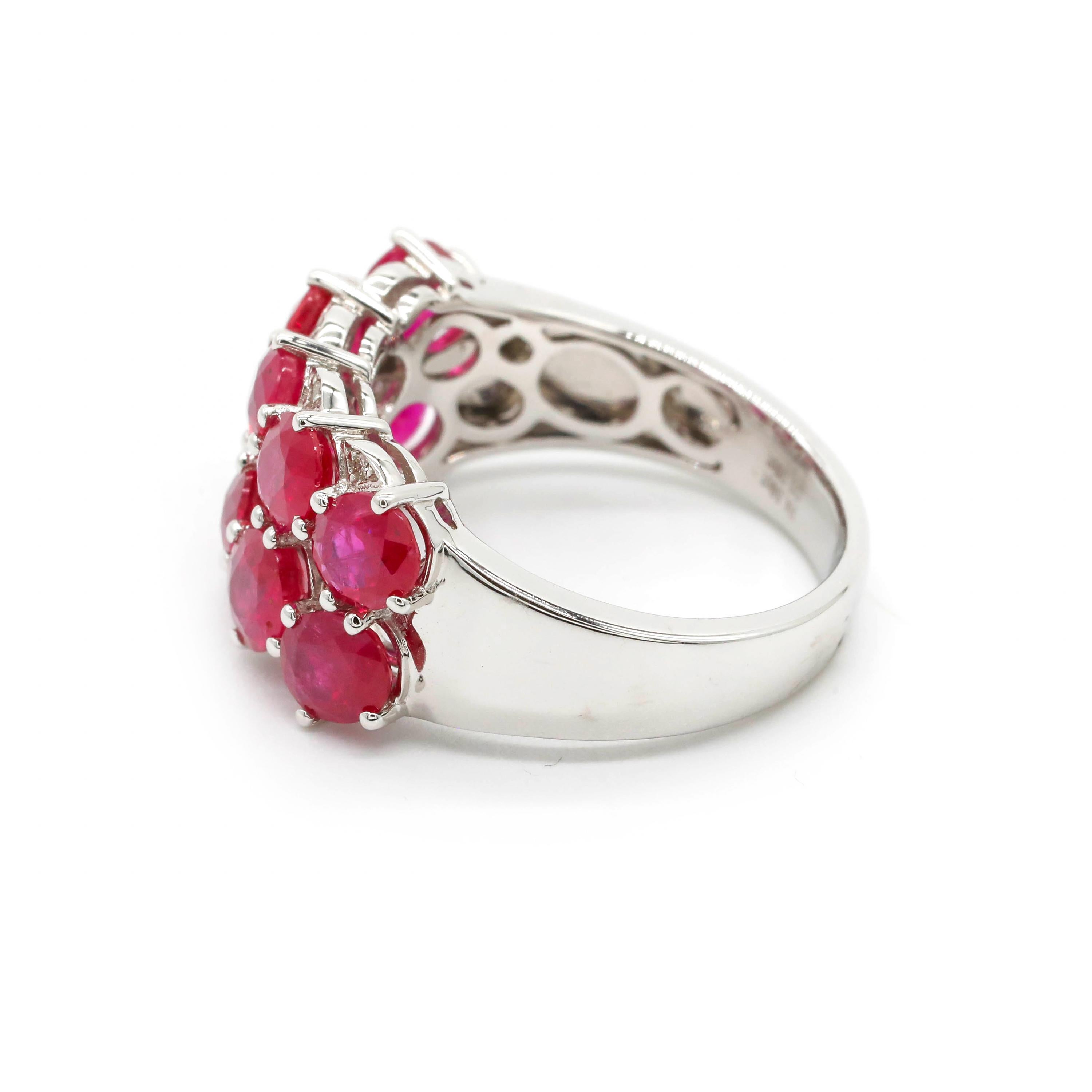 4.68 Carat Oval Cut Ruby and 0.08 Ct Round Diamond 18k White Gold Cluster Ring

This modern ring features a total of 4.68 Carat Ruby Gemstone 0.08 carats of diamond round shape Set in 18K White Gold.

We guarantee all products sold and our number