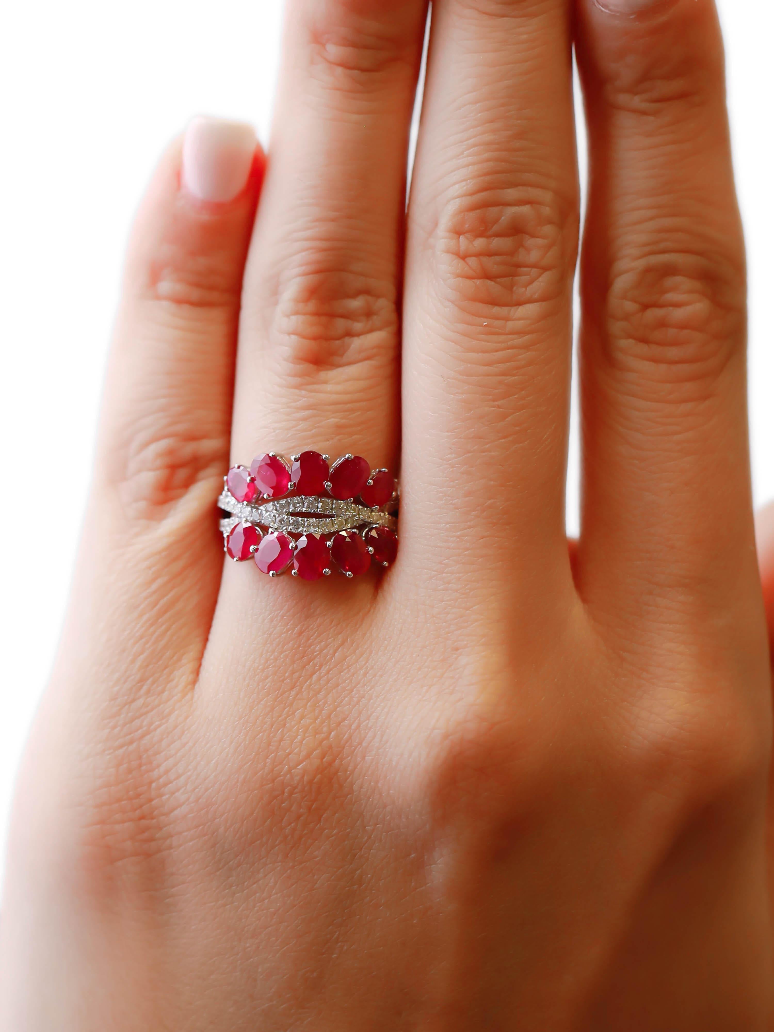 3.40 Carat Oval Cut Ruby and 0.59 Carat Diamond Pave 18K White Gold Cluster Ring For Sale 1