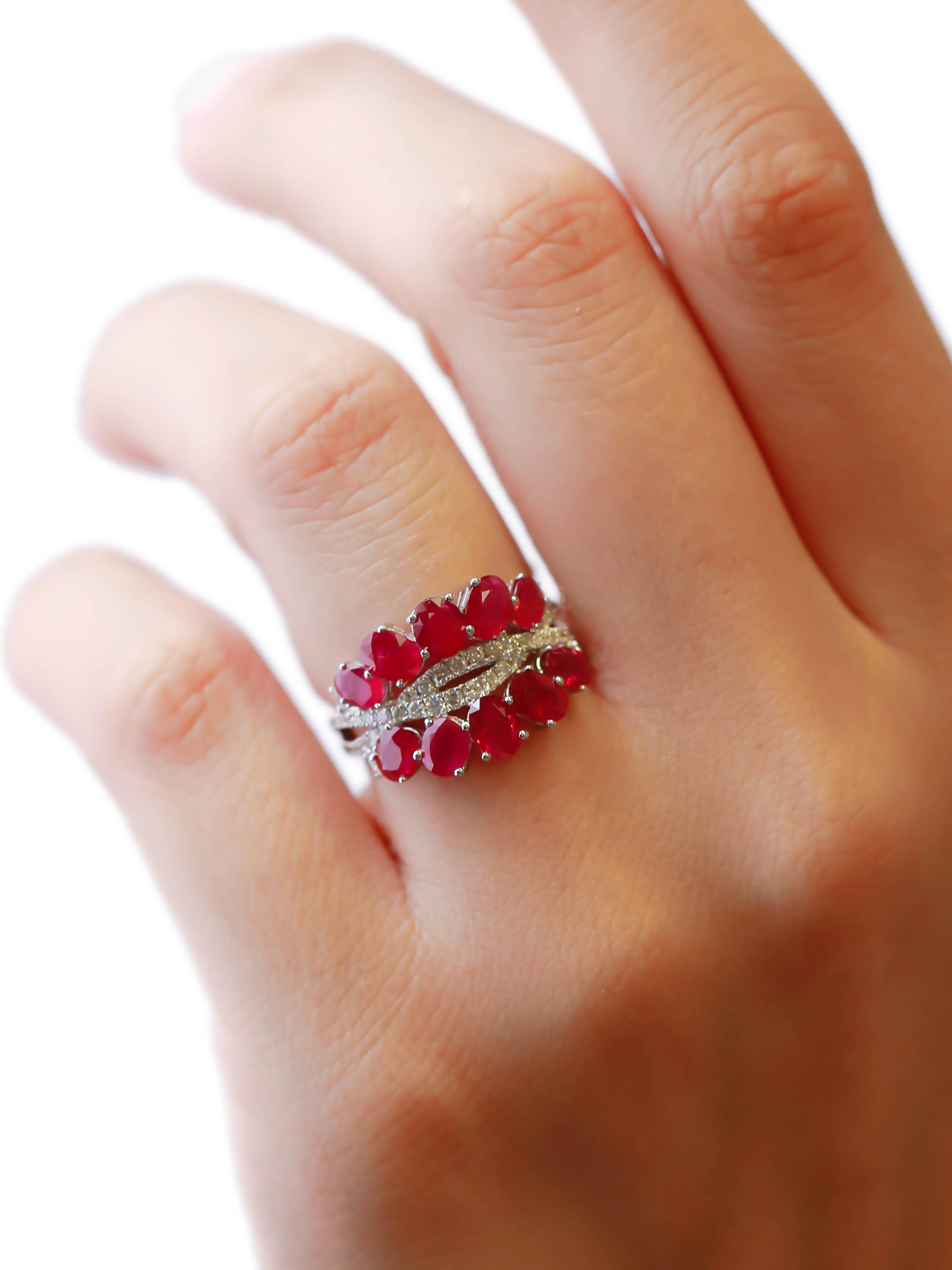 3.40 Carat Oval Cut Ruby and 0.59 Carat Diamond Pave 18K White Gold Cluster Ring For Sale 2