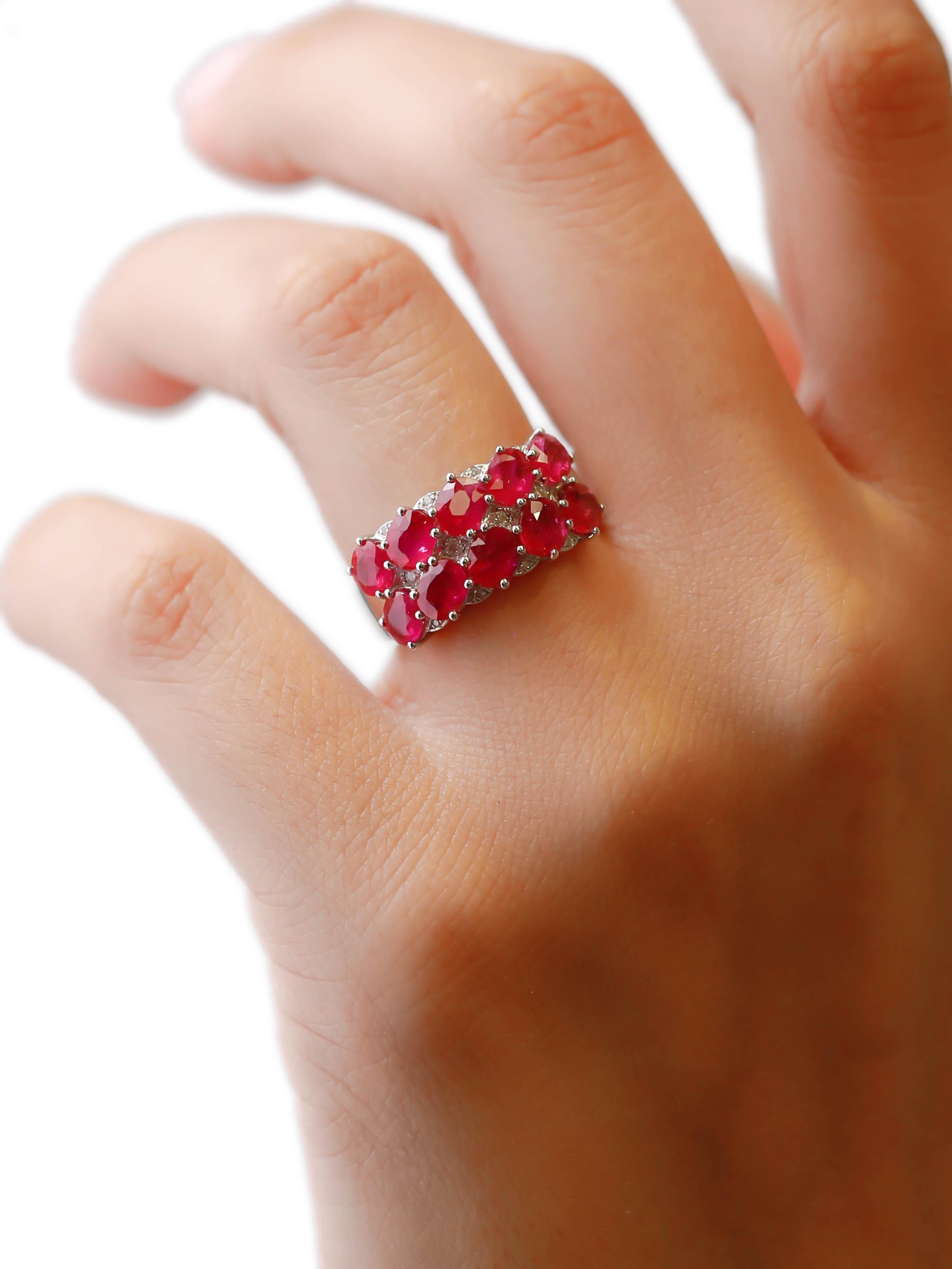 Women's 4.68 Carat Oval Cut Ruby and 0.08 Ct Round Diamond 18k White Gold Cluster Ring For Sale