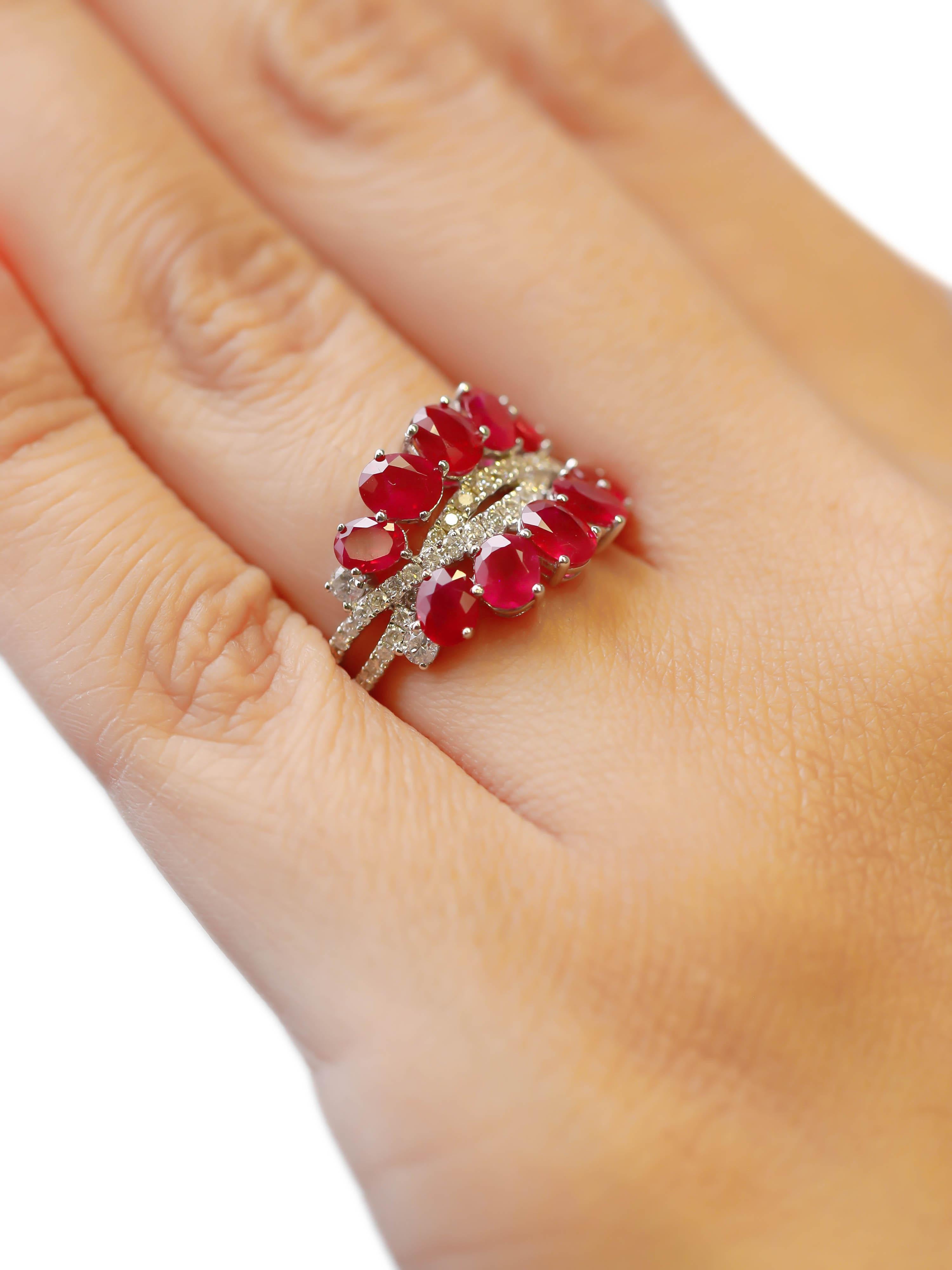 3.40 Carat Oval Cut Ruby and 0.59 Carat Diamond Pave 18K White Gold Cluster Ring For Sale 4