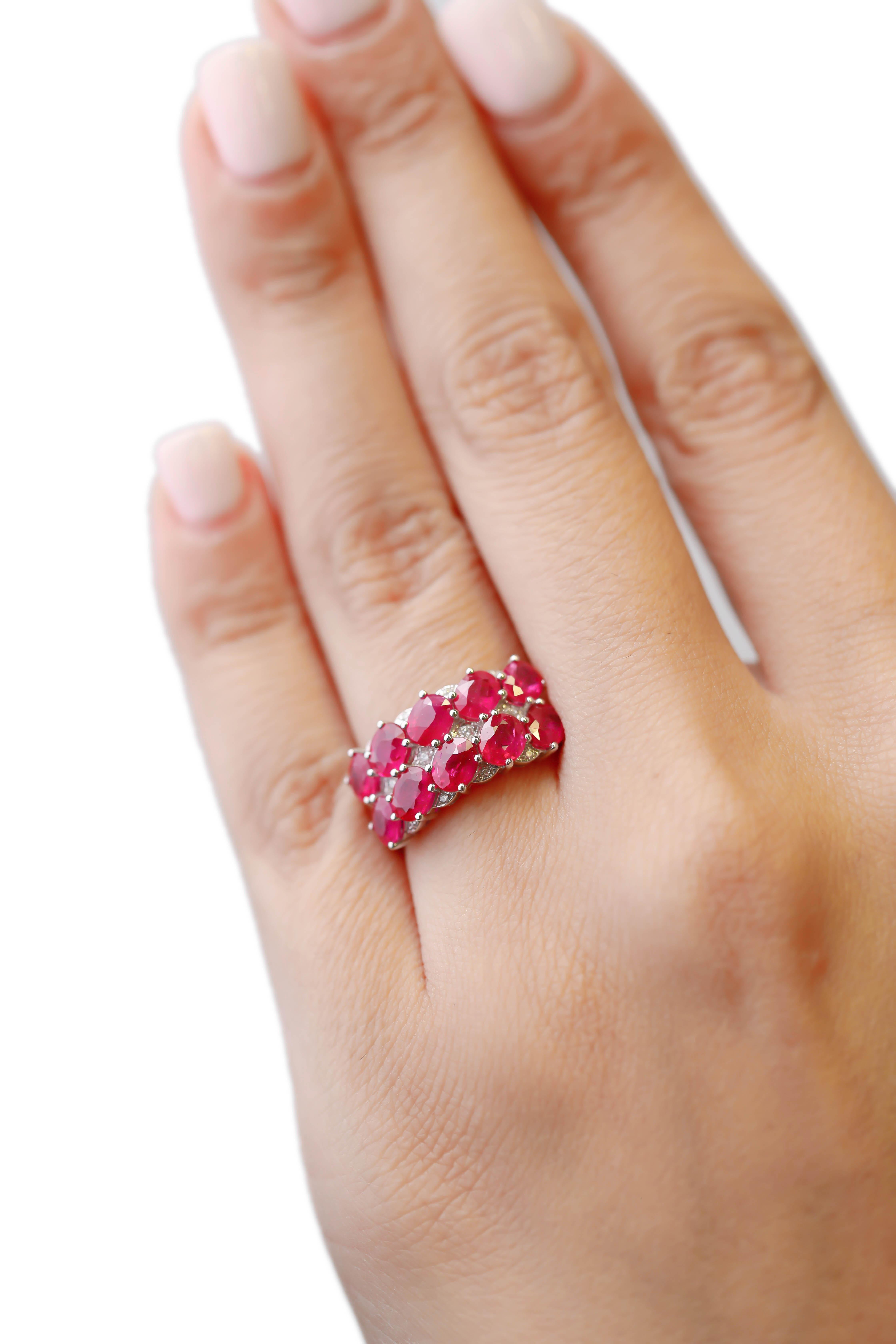 4.68 Carat Oval Cut Ruby and 0.08 Ct Round Diamond 18k White Gold Cluster Ring For Sale 2
