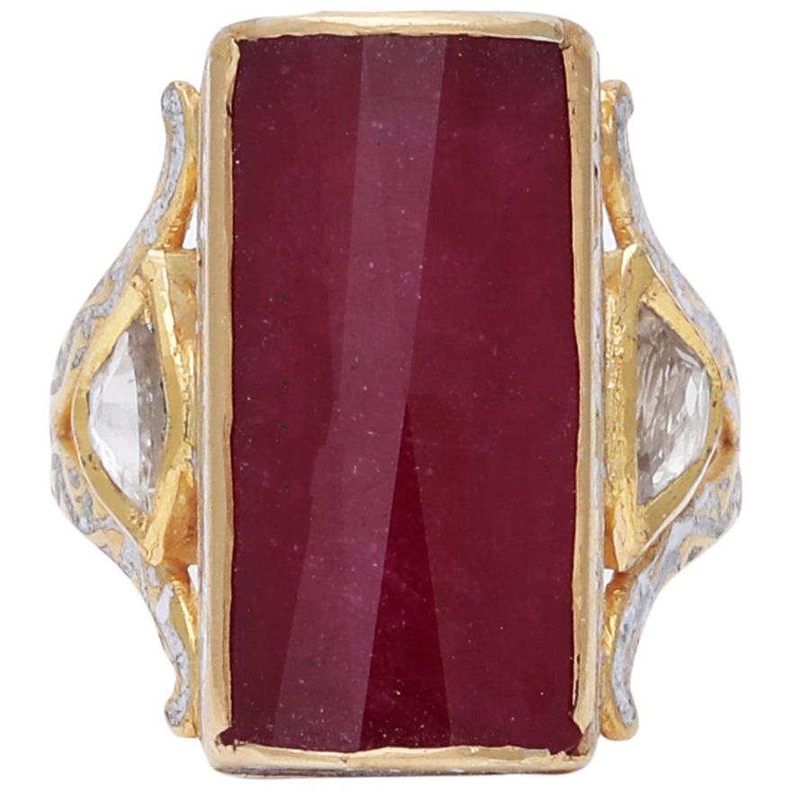 Ruby and Diamond 18 Karat Gold Ring with Enamel