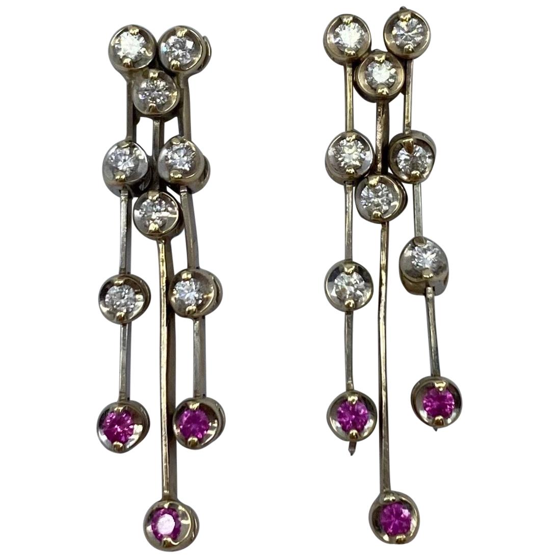 Ruby and Diamond 18 Karat White Gold Dangle Waterfall Earring Studs For Sale