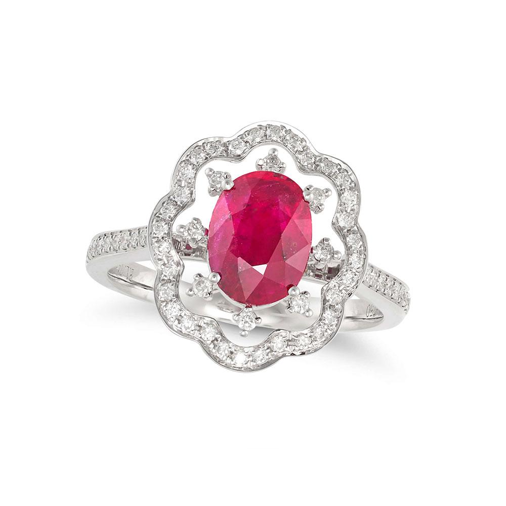 Contemporary Ruby and Diamond 18 Karat White Gold Halo Ring