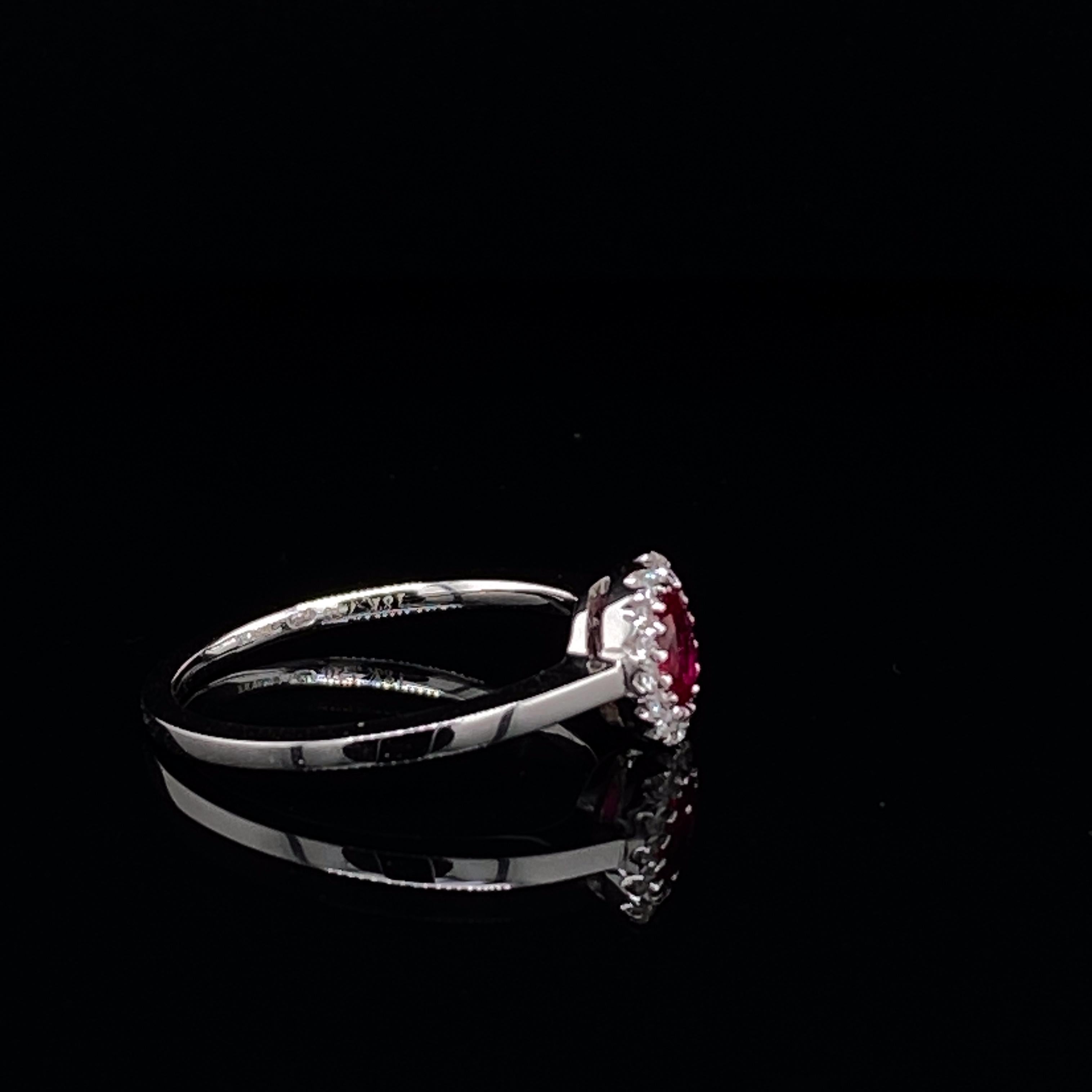 A ruby and diamond 18 karat white gold oval cluster ring.

The bright, lively oval ruby is claw set to the centre in a surrounding halo of sixteen round brilliant cut diamonds.

This is a really lovely piece that would be equally suitable as an