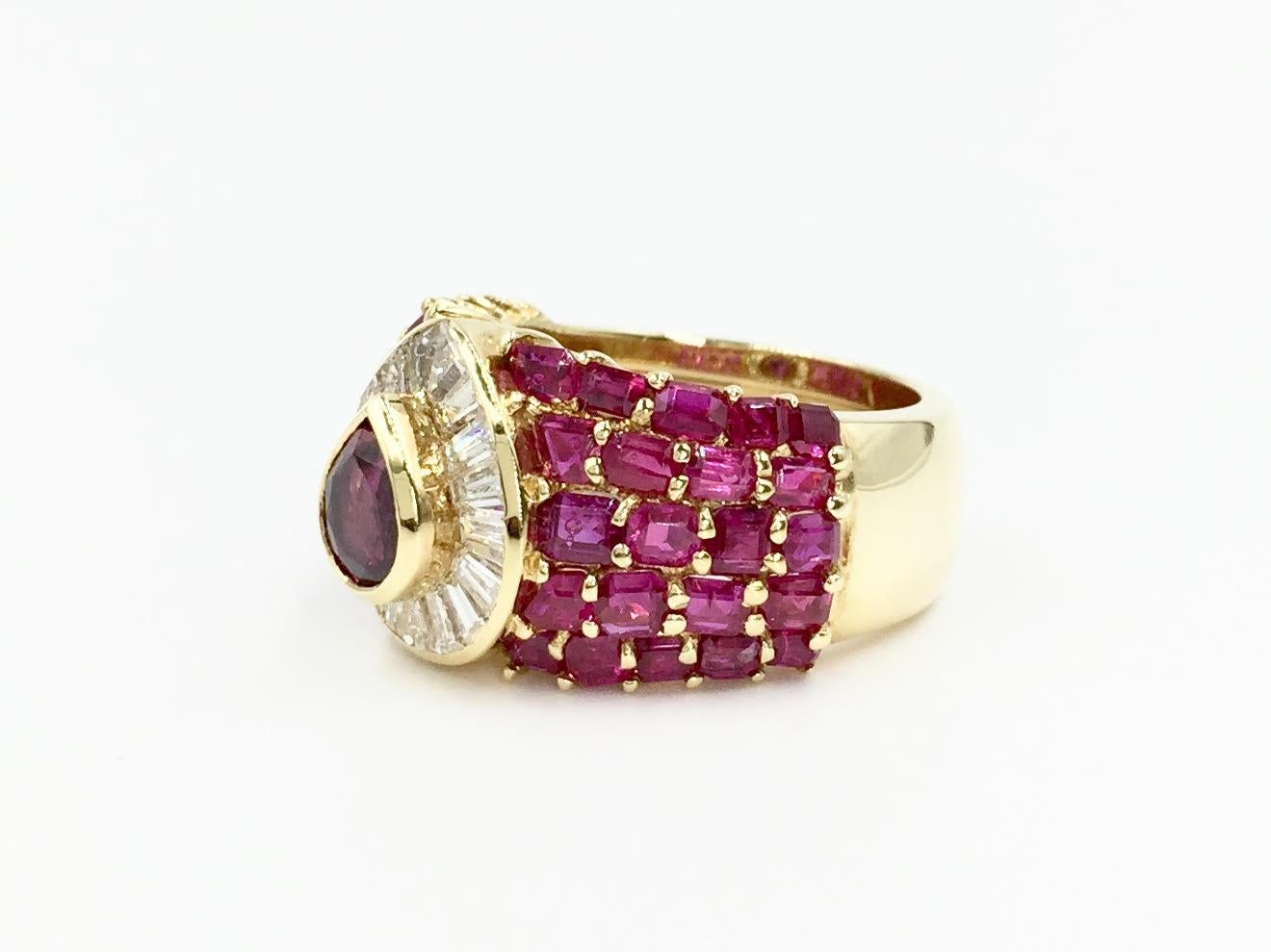 Pear Cut Ruby and Diamond 18 Karat Yellow Gold Wide Cocktail Ring For Sale