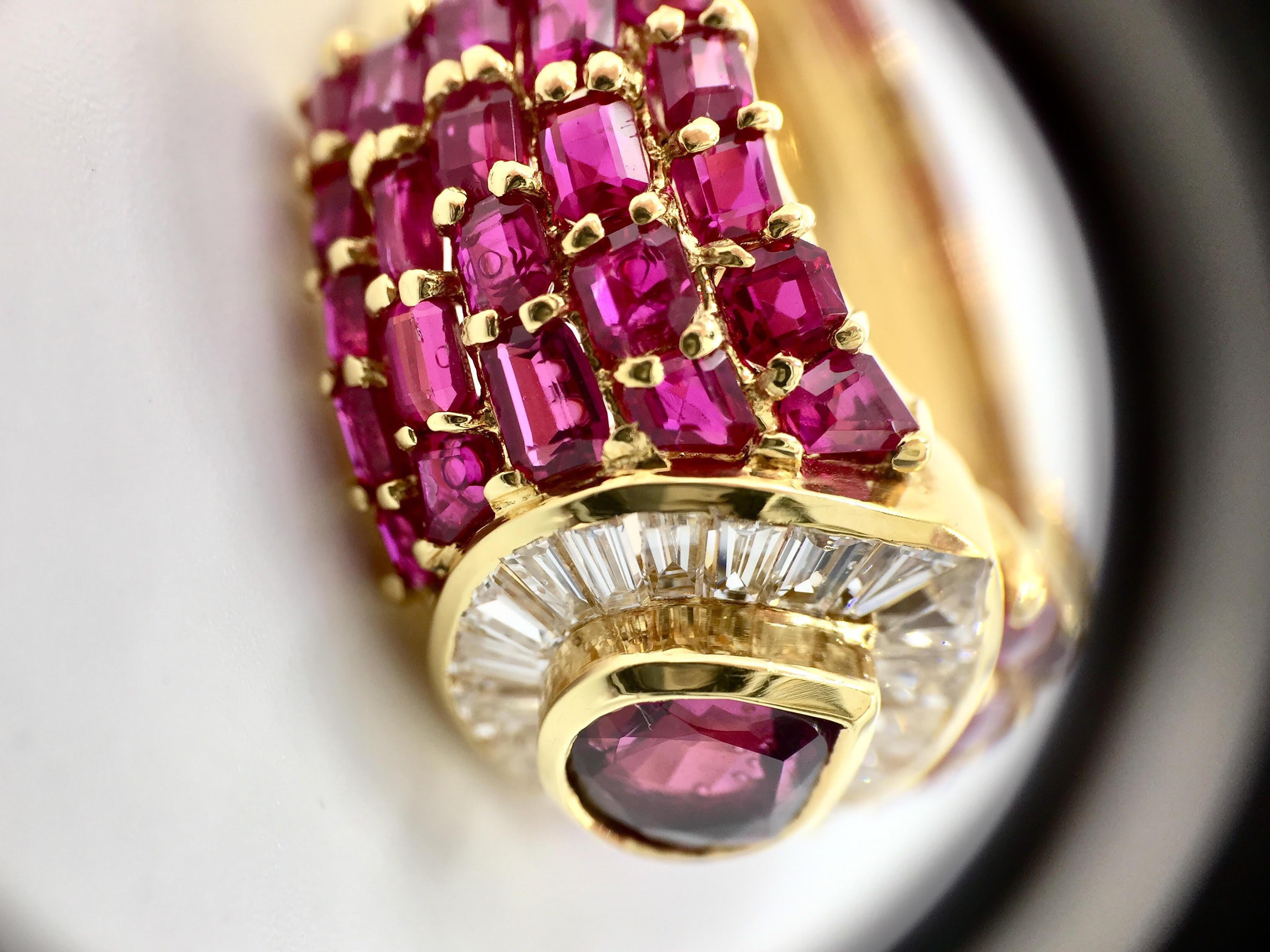 Ruby and Diamond 18 Karat Yellow Gold Wide Cocktail Ring For Sale 2