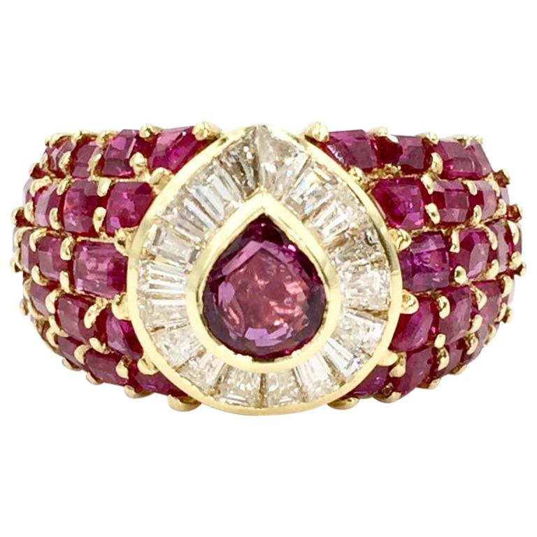 Ruby and Diamond 18 Karat Yellow Gold Wide Cocktail Ring For Sale
