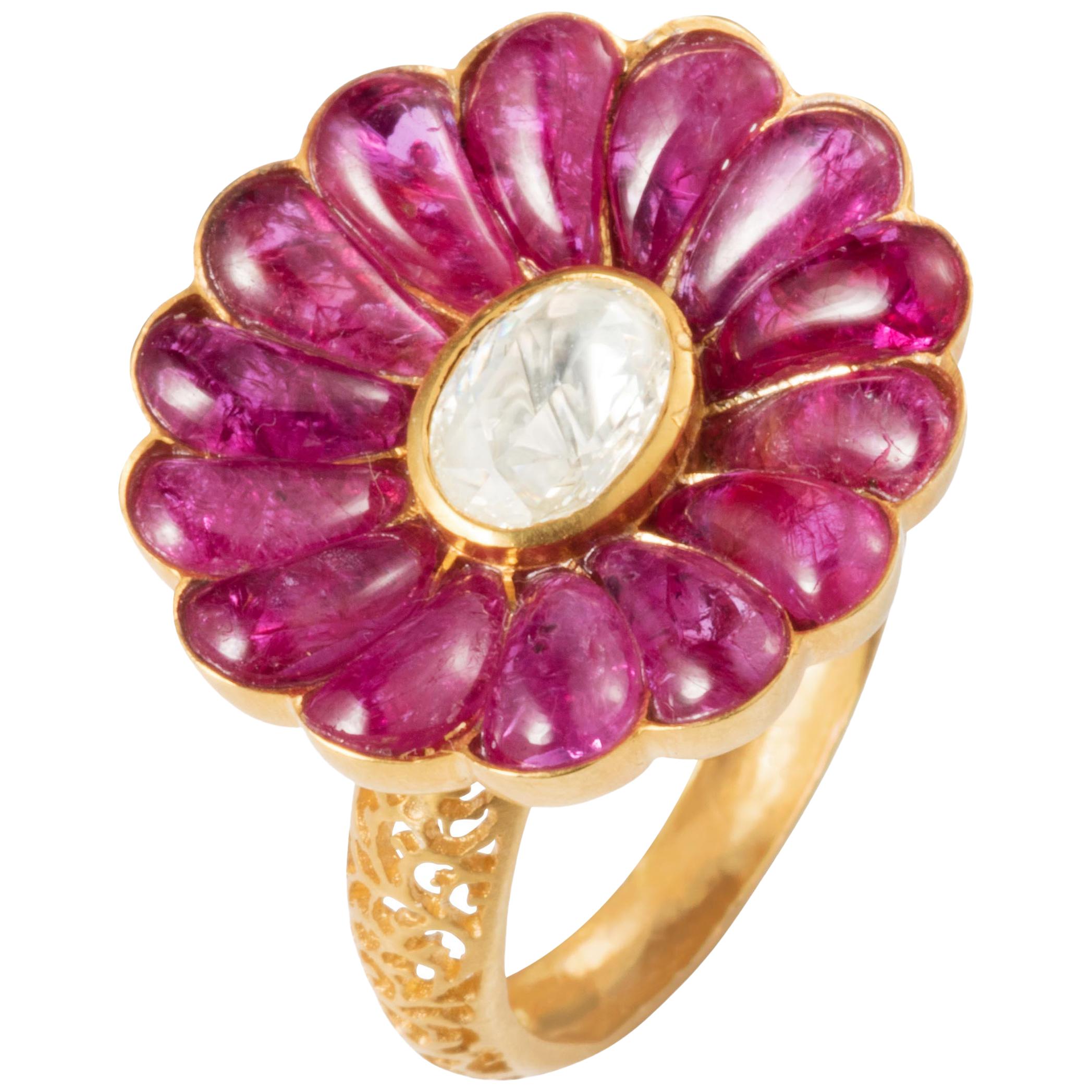 Manpriya B Ruby and Diamond 18 Karat Gold Flower Motif Cocktail Ring For Sale