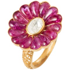 Manpriya B Ruby and Diamond 18 Karat Gold Flower Motif Cocktail Ring