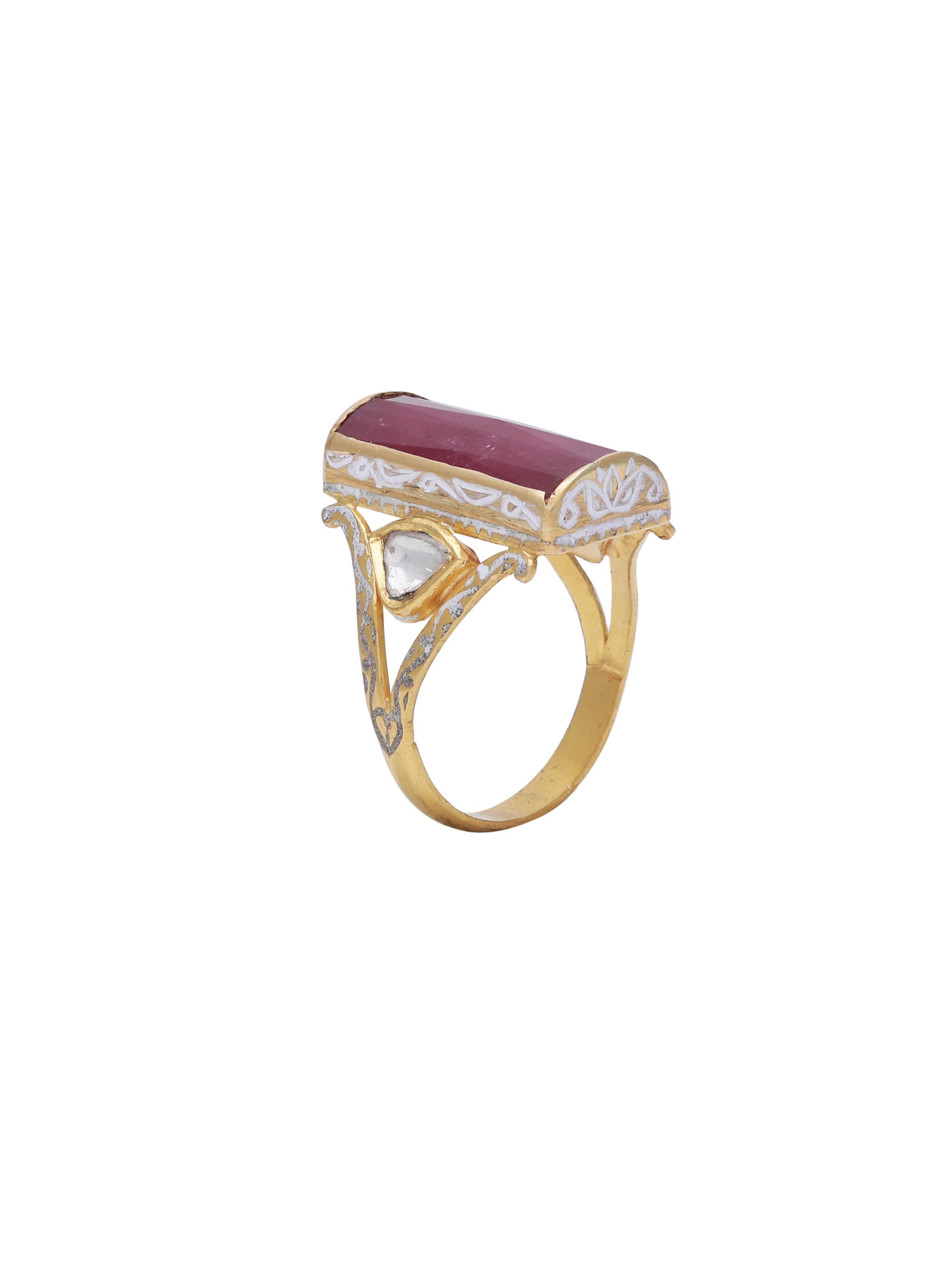 Art Deco Ruby and Diamond 18 Karat Gold Ring with Enamel