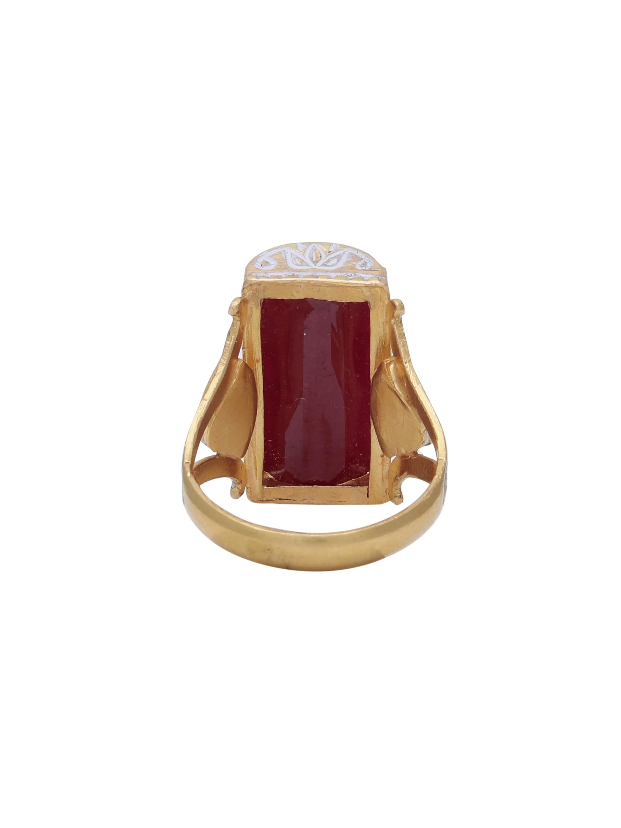 Emerald Cut Ruby and Diamond 18 Karat Gold Ring with Enamel