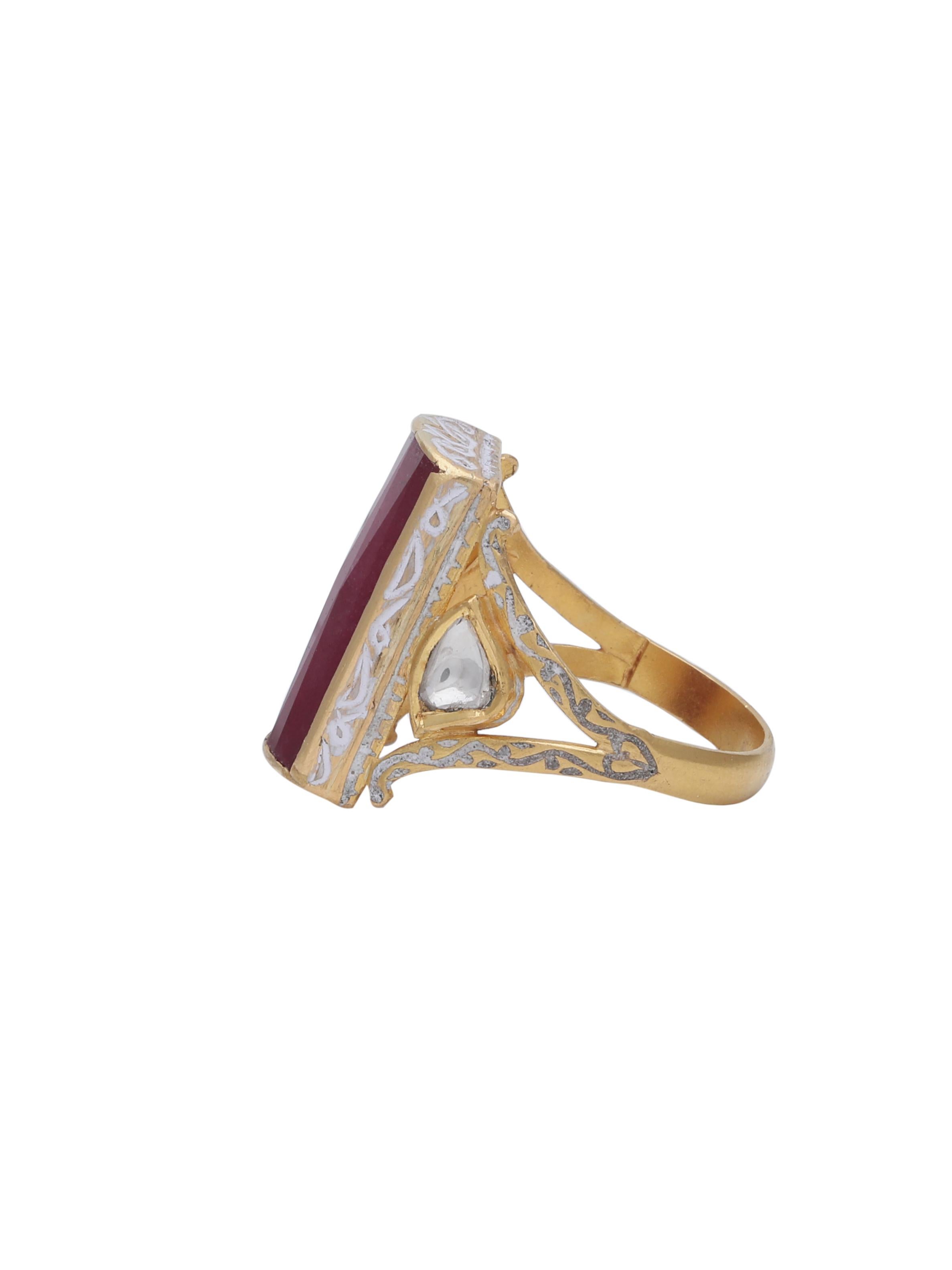 Ruby and Diamond 18 Karat Gold Ring with Enamel In New Condition In Jaipur, IN