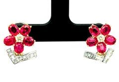 Ruby and Diamond Floral French Clip Earrings in White and Yellow Gold