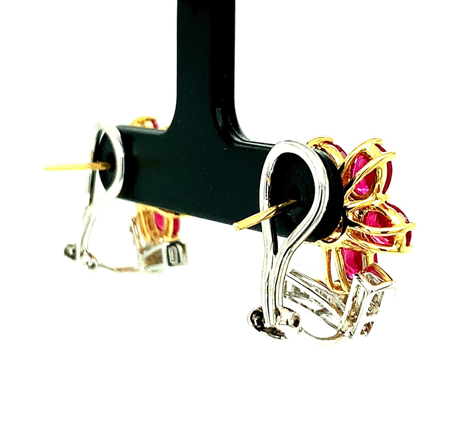 Artisan Ruby and Diamond Floral French Clip Earrings in White and Yellow Gold For Sale