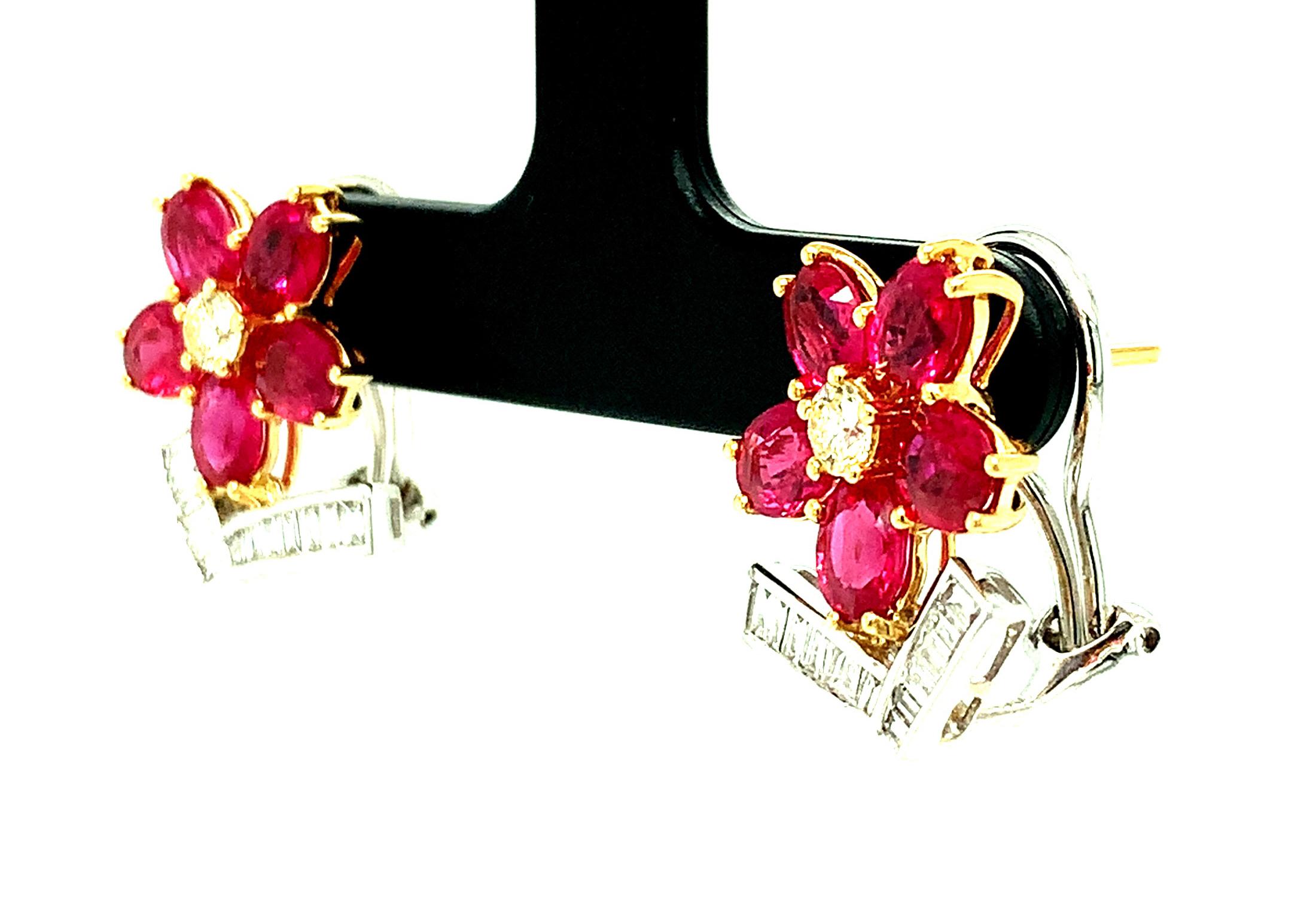 Oval Cut Ruby and Diamond Floral French Clip Earrings in White and Yellow Gold For Sale