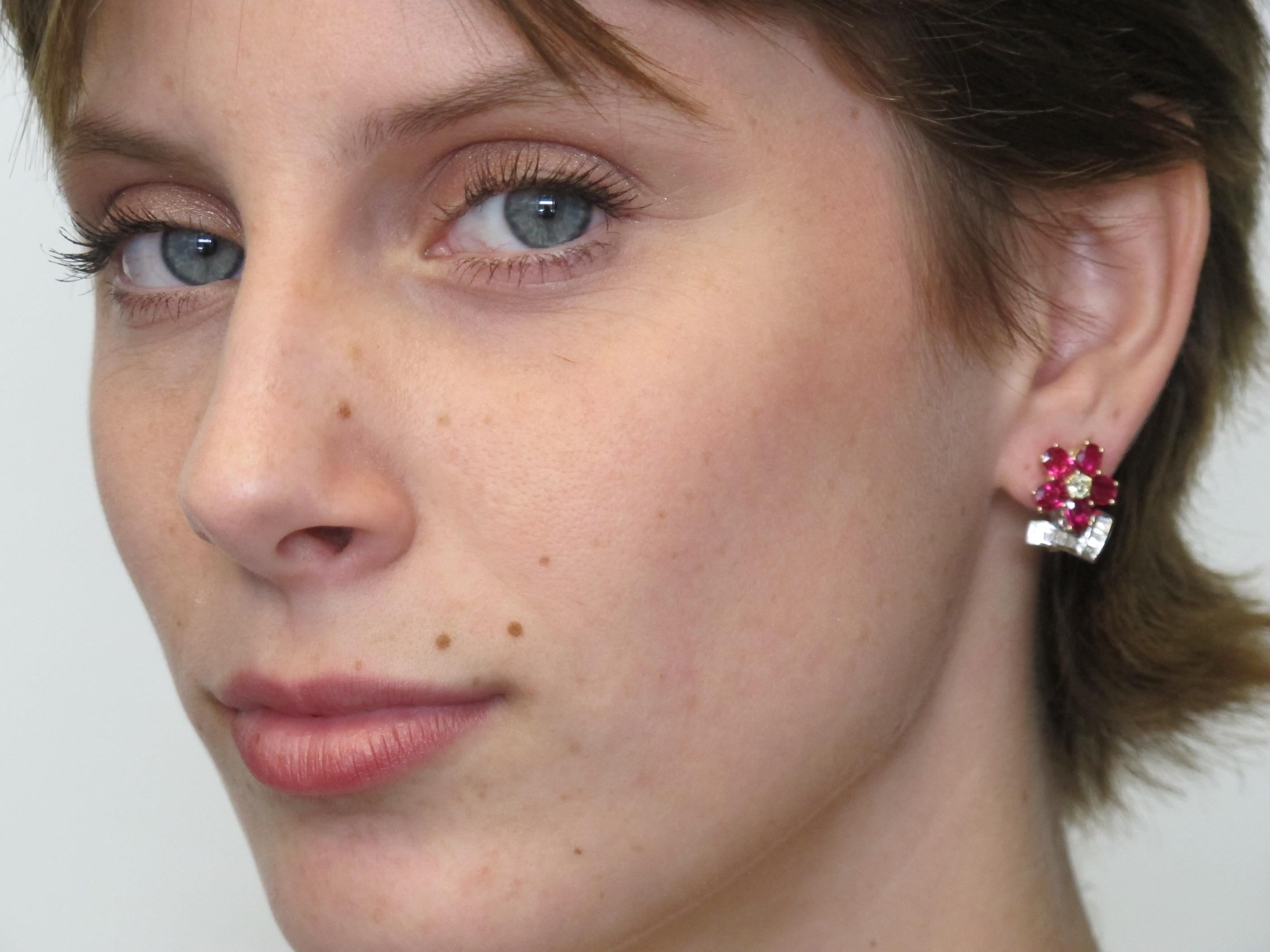 Women's Ruby and Diamond Floral French Clip Earrings in White and Yellow Gold For Sale