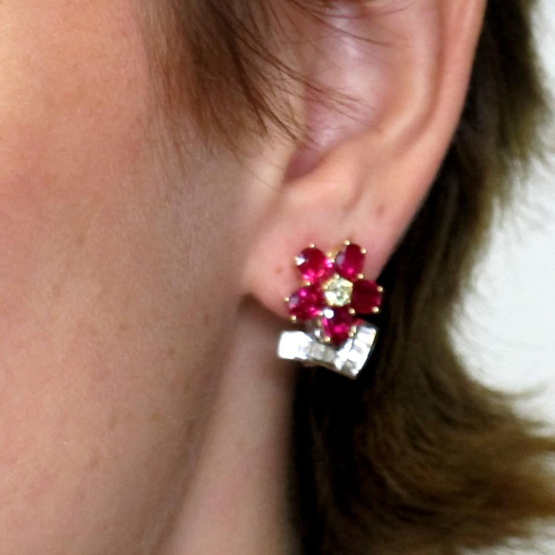 Ruby and Diamond Floral French Clip Earrings in White and Yellow Gold For Sale 1
