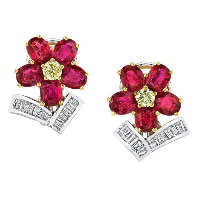 Ruby and Diamond 18k White and Yellow Gold Floral French Clip Post Earrings