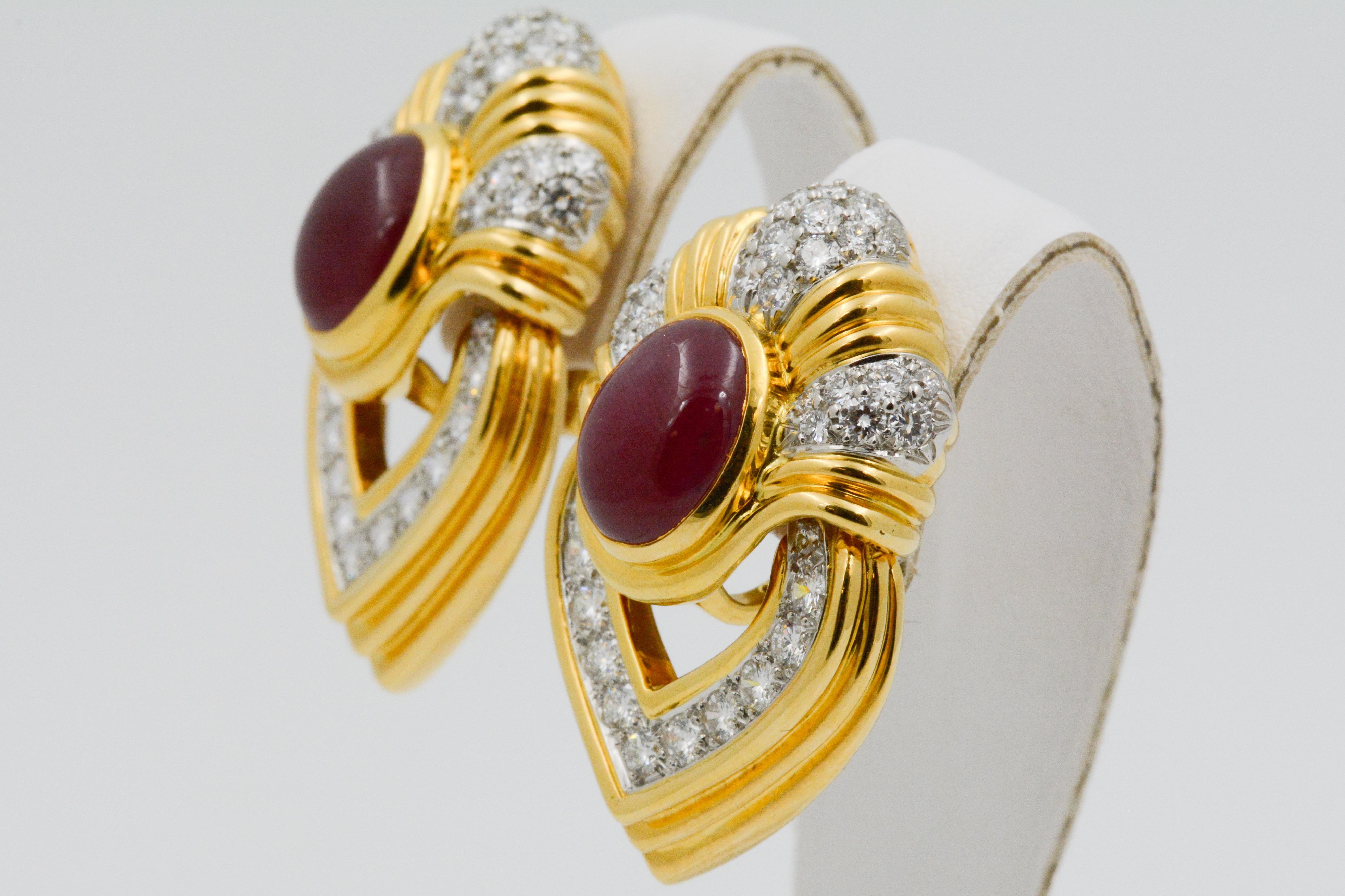 Ruby and Diamond 18 Karat Yellow Gold Door Knocker Earrings In Excellent Condition In Dallas, TX