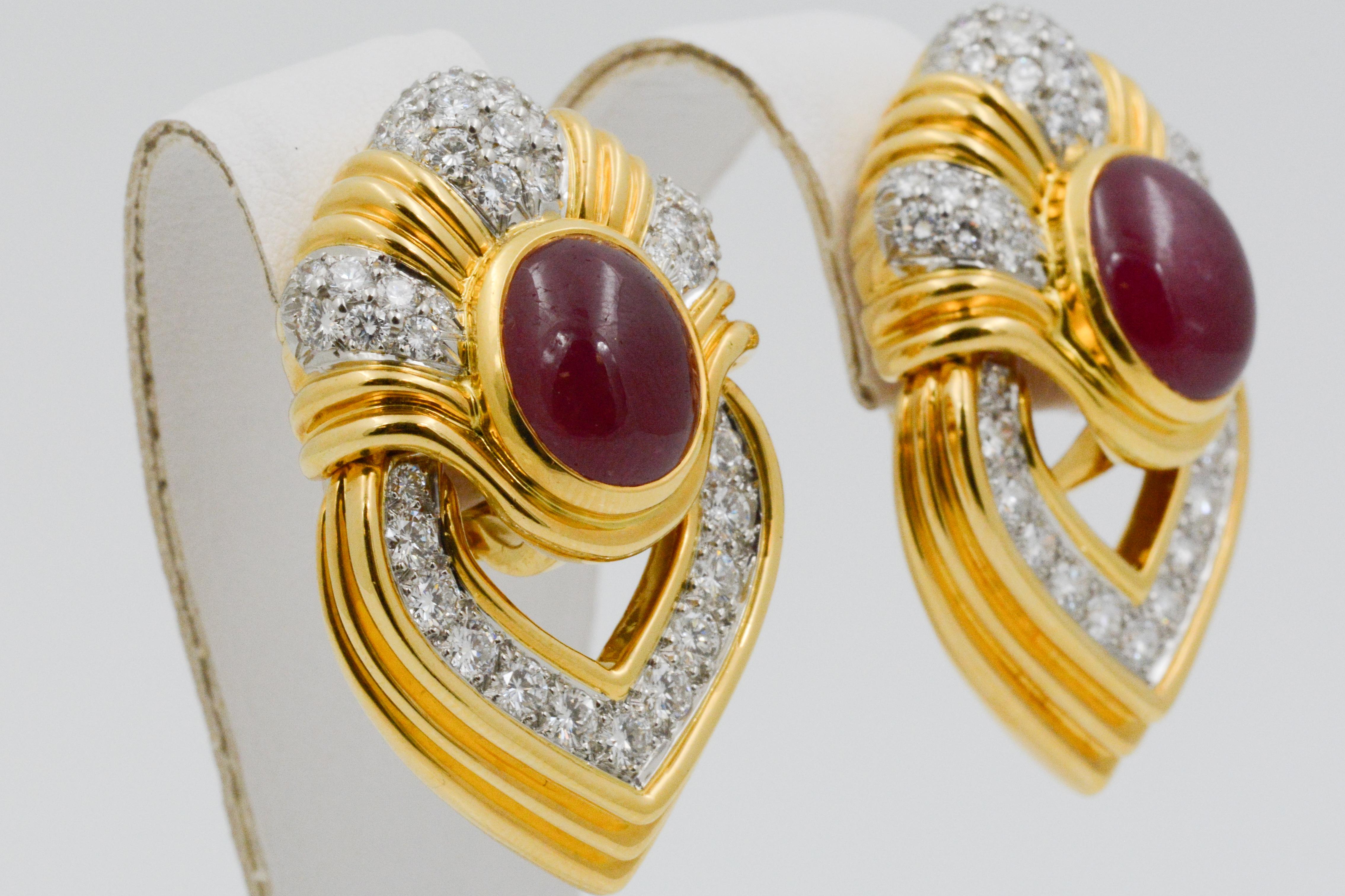 Women's Ruby and Diamond 18 Karat Yellow Gold Door Knocker Earrings