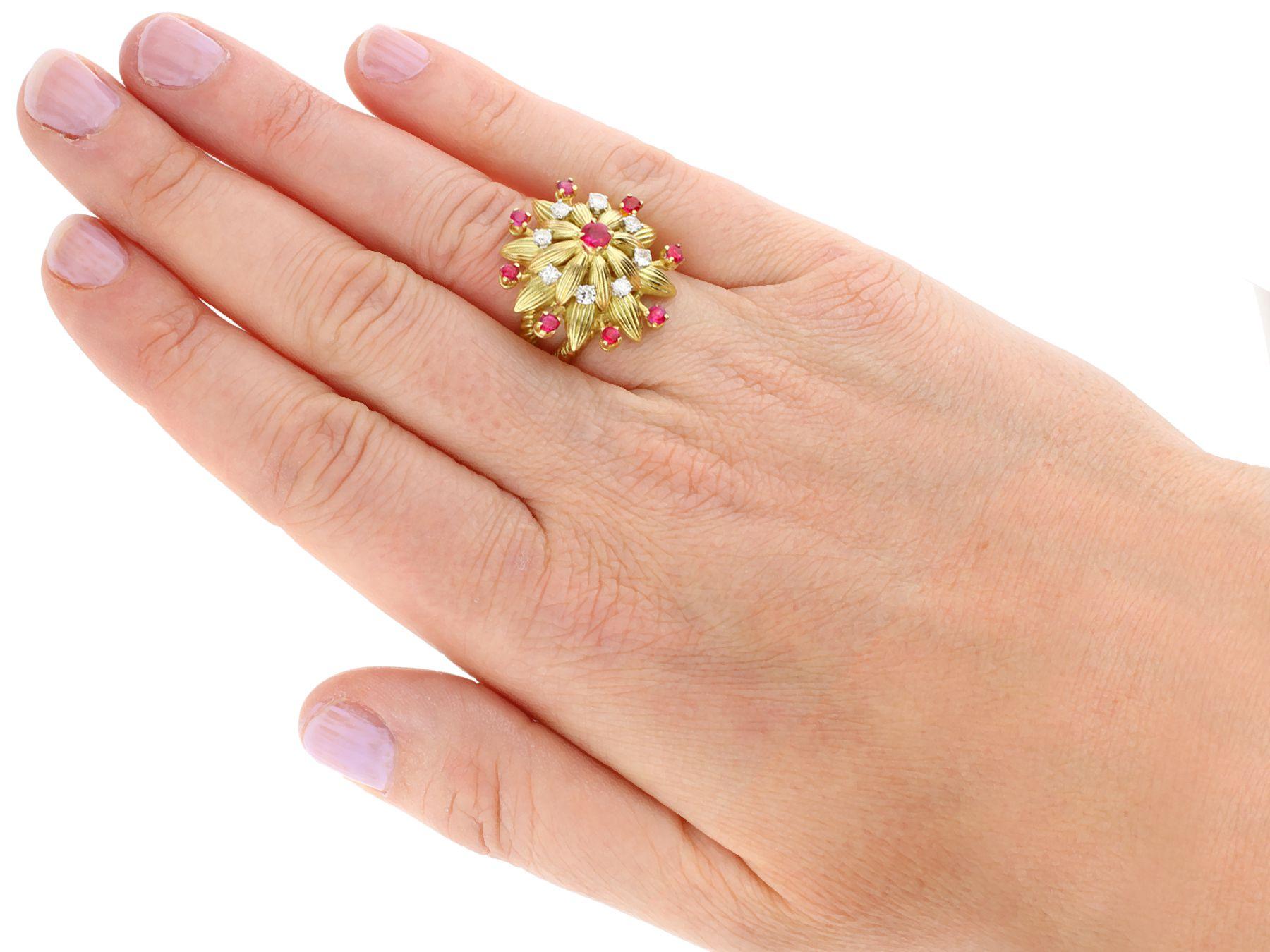 Vintage Ruby and Diamond Yellow Gold Floral Cocktail Ring For Sale 1