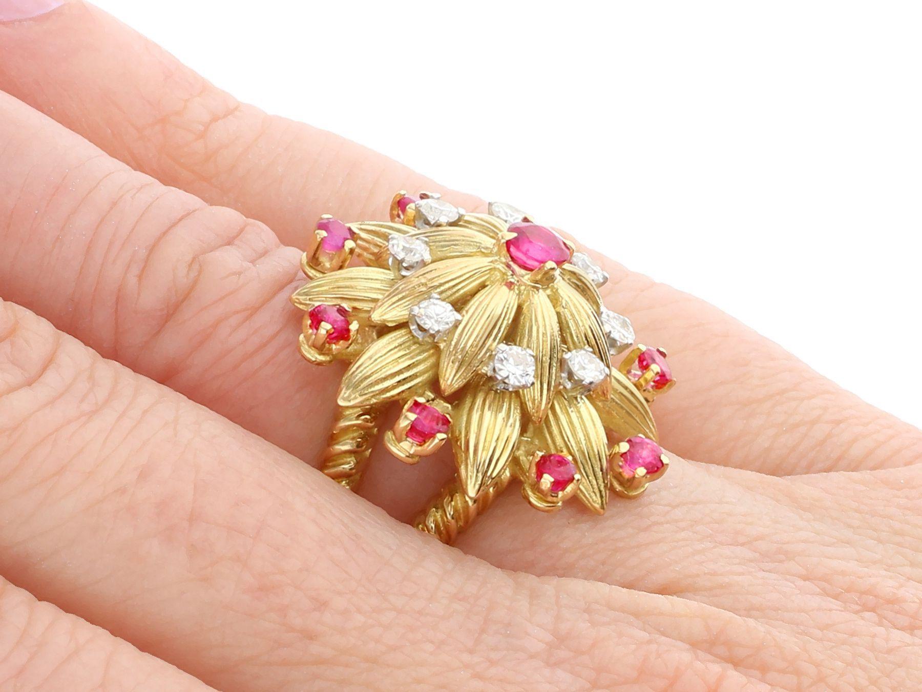 Vintage Ruby and Diamond Yellow Gold Floral Cocktail Ring For Sale 2