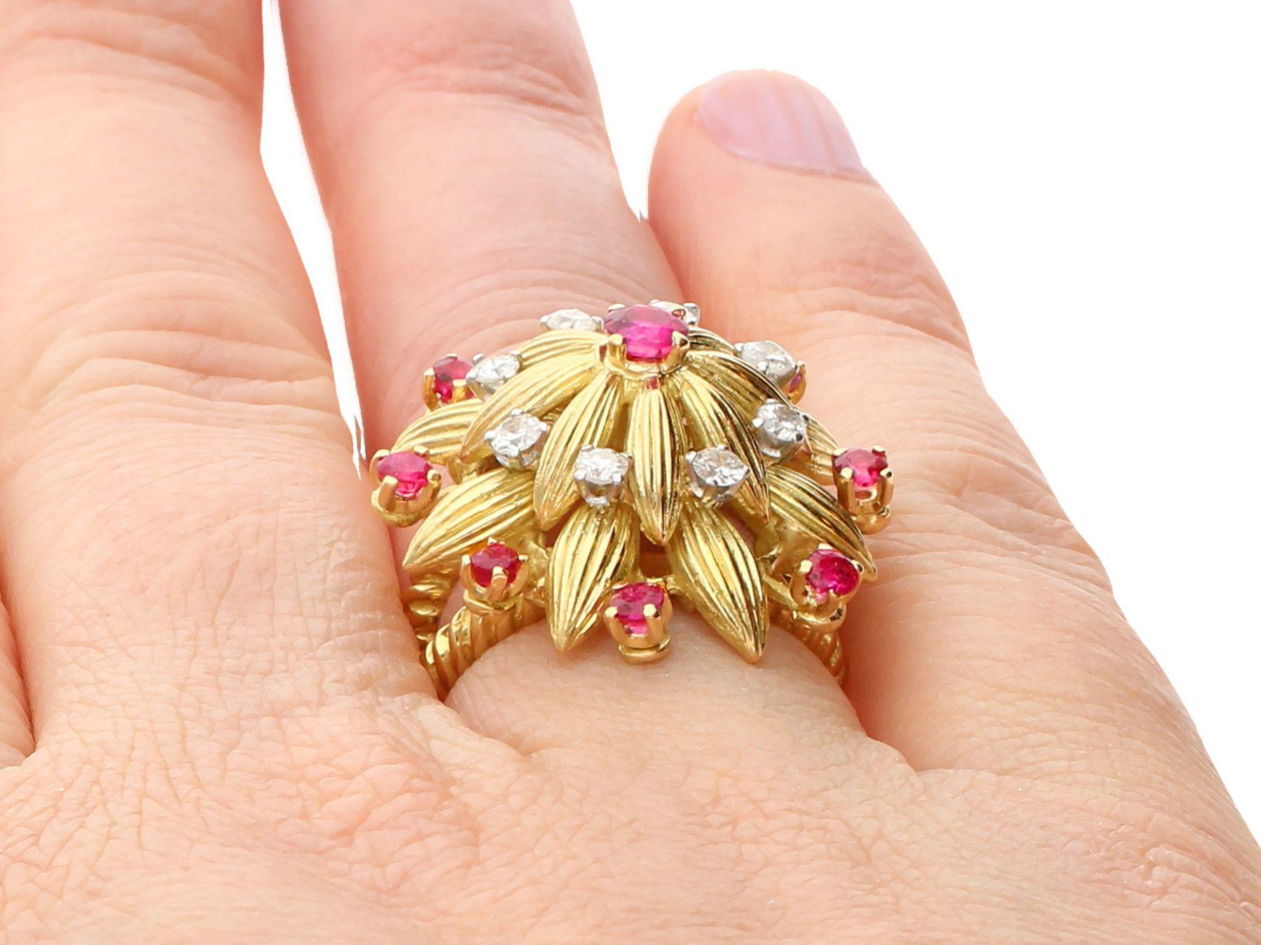Vintage Ruby and Diamond Yellow Gold Floral Cocktail Ring For Sale 3