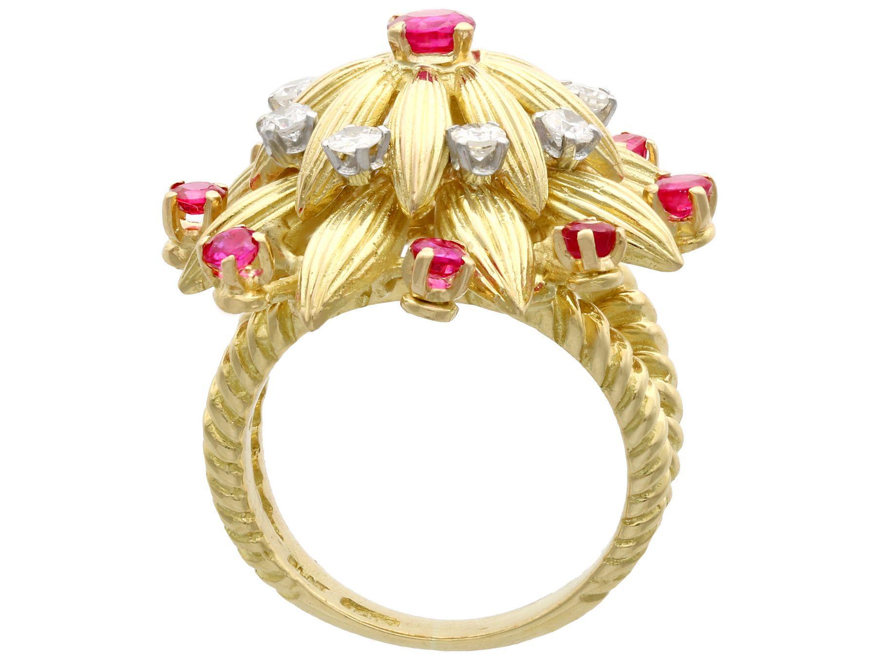 Round Cut Vintage Ruby and Diamond Yellow Gold Floral Cocktail Ring For Sale