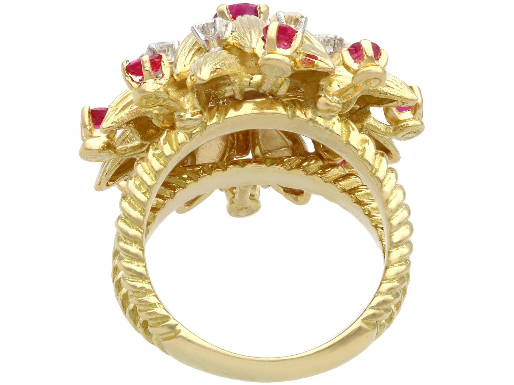 Vintage Ruby and Diamond Yellow Gold Floral Cocktail Ring In Excellent Condition For Sale In Jesmond, Newcastle Upon Tyne