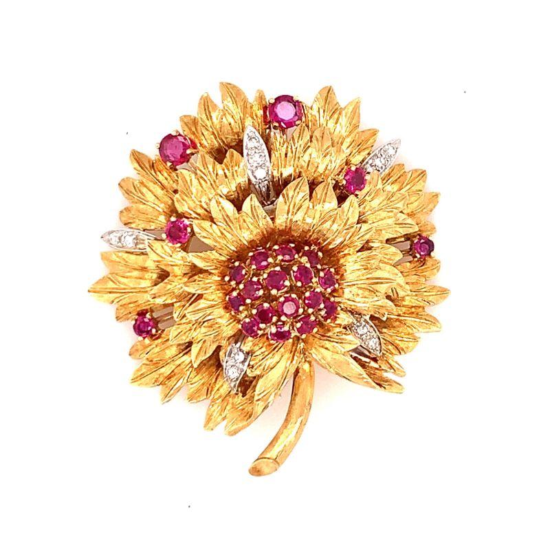 Round Cut Ruby and Diamond 18K Yellow Gold Pendant / Brooch, circa 1960s  For Sale