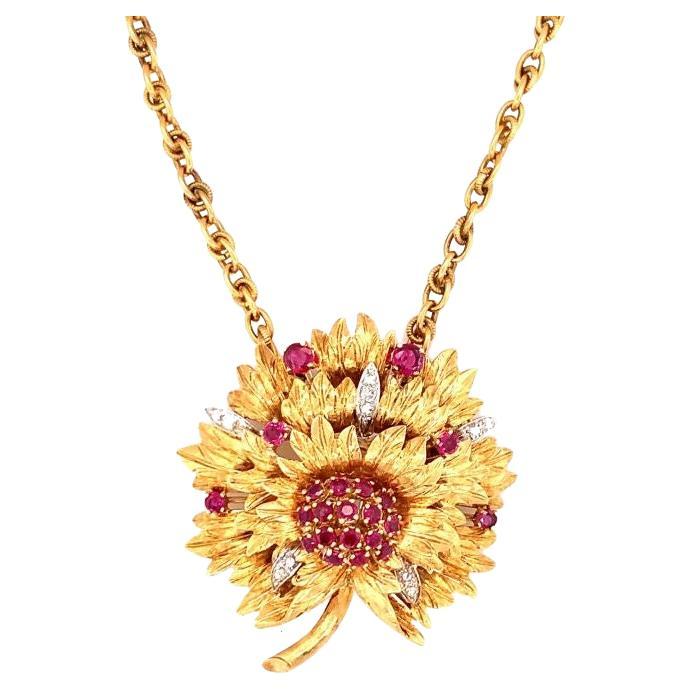 Ruby and Diamond 18K Yellow Gold Pendant / Brooch, circa 1960s  For Sale