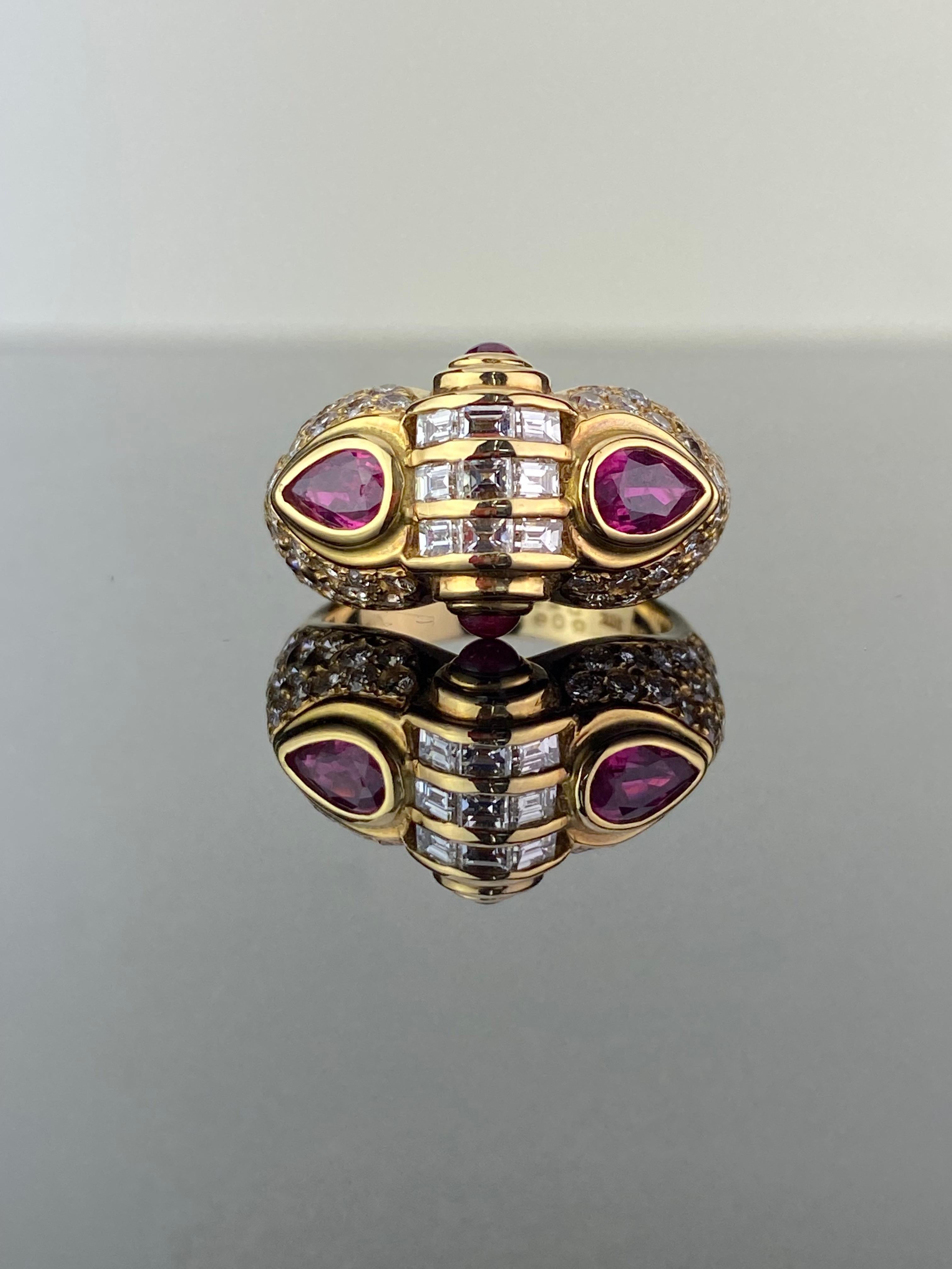 Make statement with the gorgeous art-deco 0.93 carat Pear Shape Ruby and 2.32 White Diamond Cocktail Band Ring. The natural stones are set in solid 18K Yellow Gold. 
The ring is currently sized at US 6.5, but it can be altered. 
We accept returns.