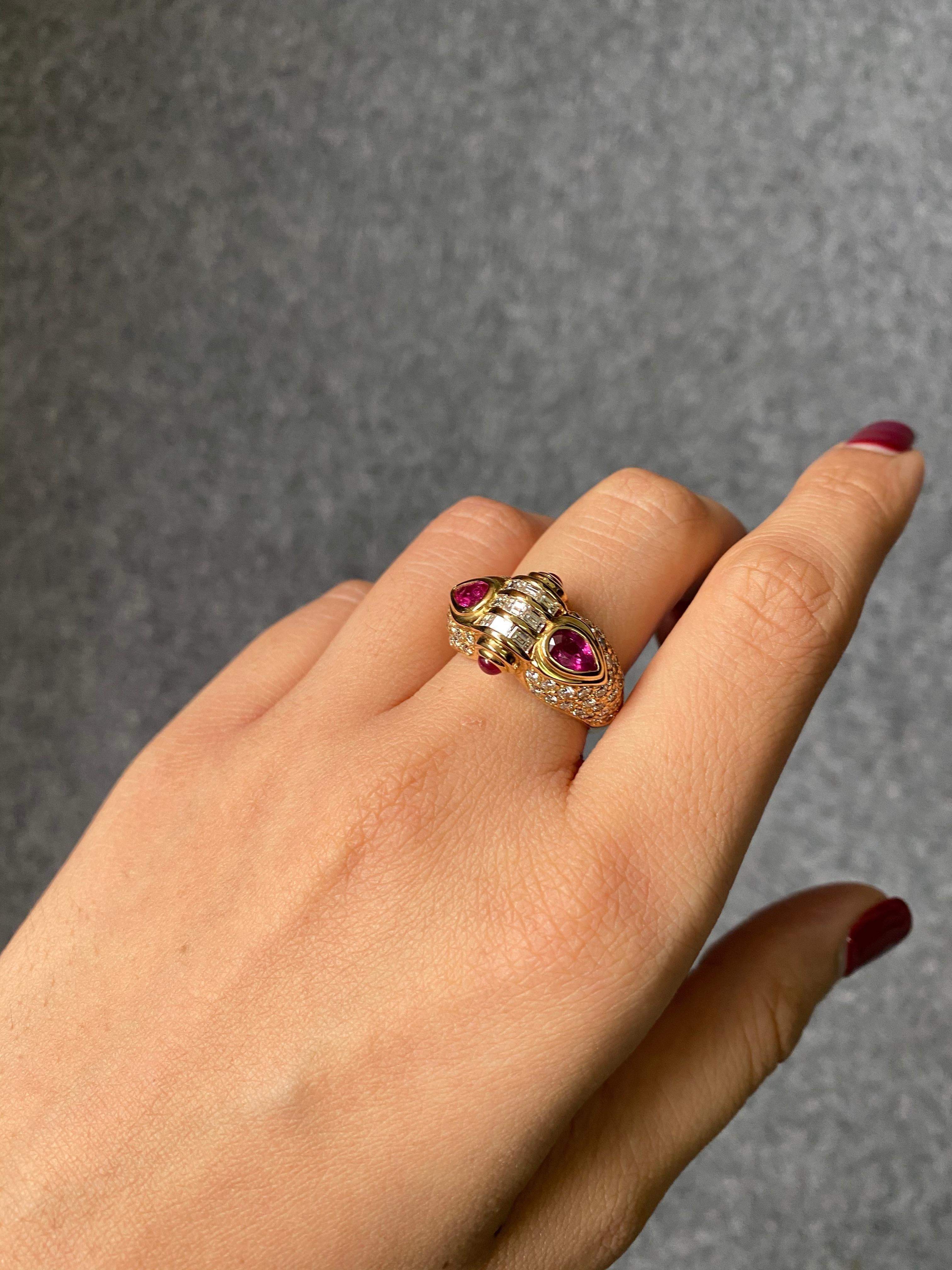 Pear Cut Ruby and Diamond 18k Yellow Gold Ring